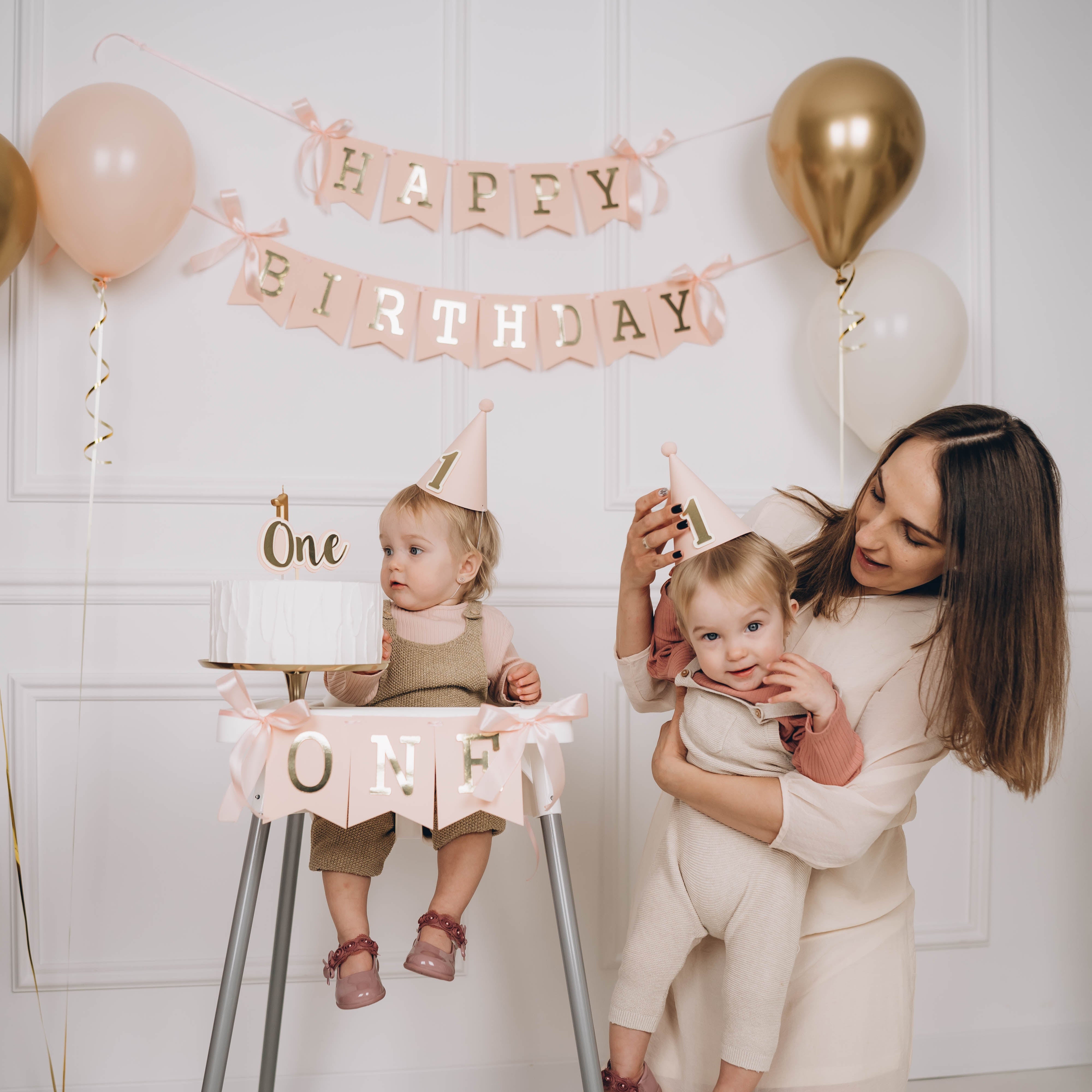 Blush Gold Highchair Banner, Girl 1st Birthday Party Decor