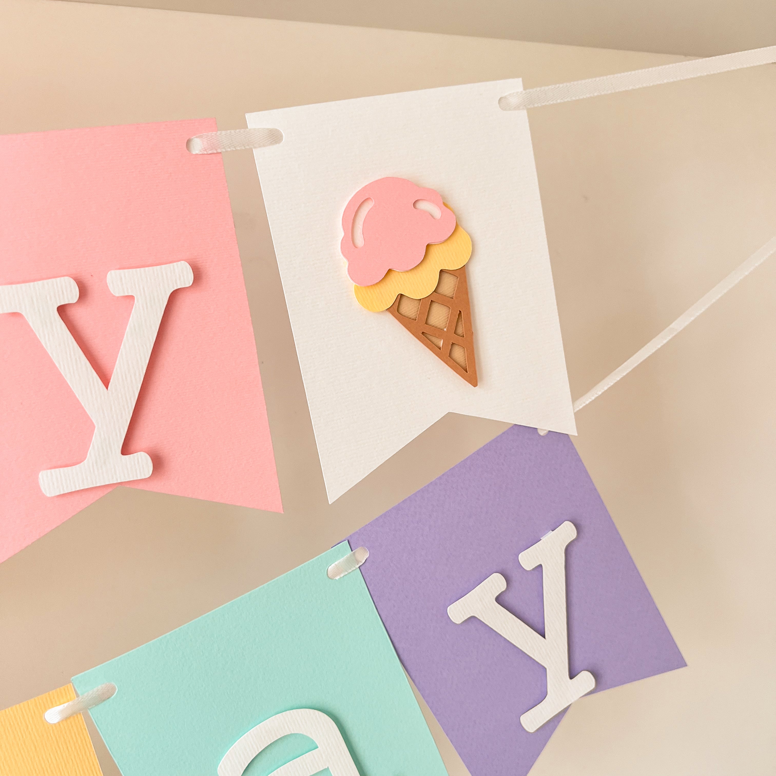 Ice Cream Birthday Banner with colorful scoops and "Sweet One" text