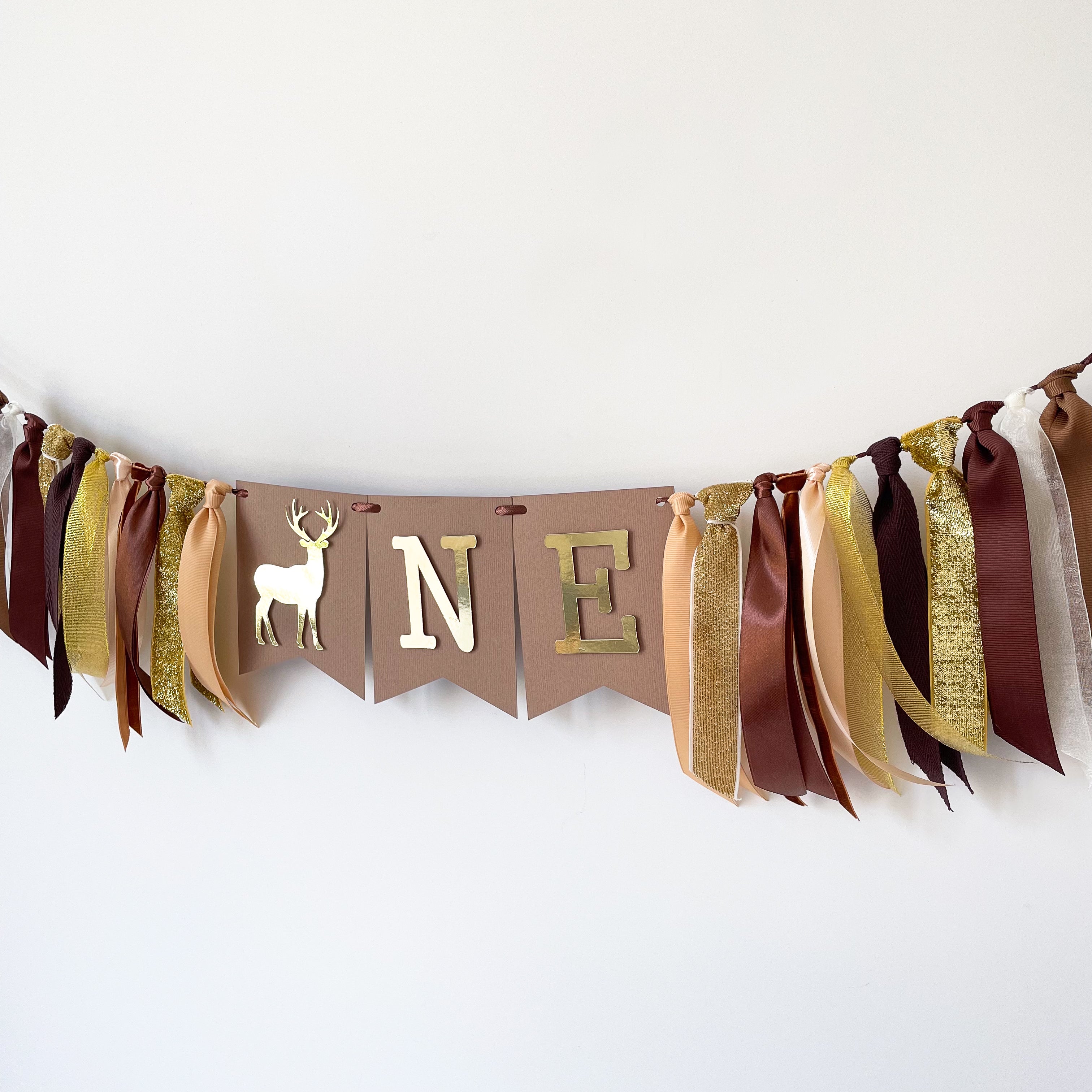 Deer One Highchair Banner to match Woodland Birthday Decorations, Deer Birthday, Forest Birthday Theme party decorations perfectly.