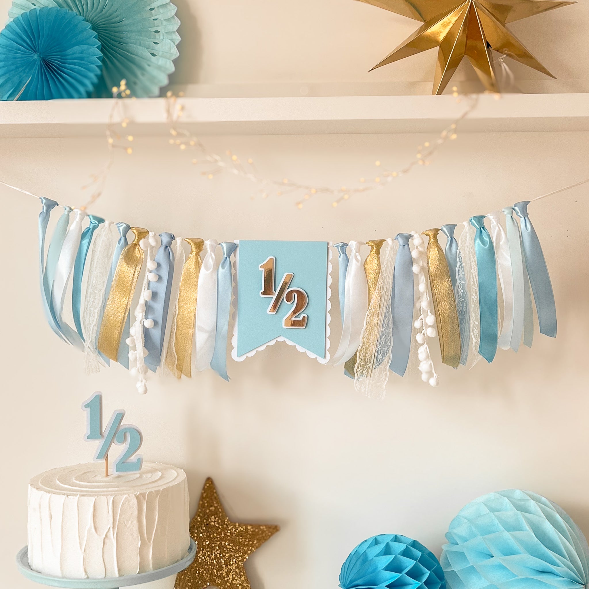 Half Way To One Cake Topper - Glitter 1/2 Birthday Decor For Baby Boy Or Girl, Blue