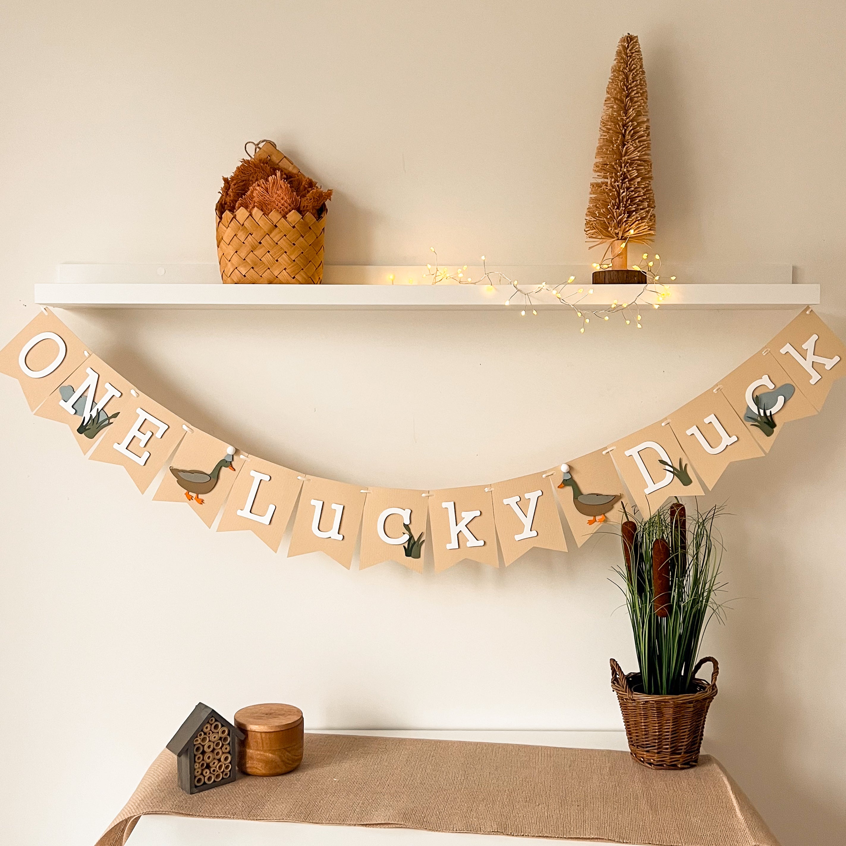 Lucky Duck First Birthday Banner Duck Themed First Birthday Party Fall Birthday Decor Autumn Theme Happy Birthday Banner One Lucky Duck, Mallard Duck party, Summer or Fall Birthday