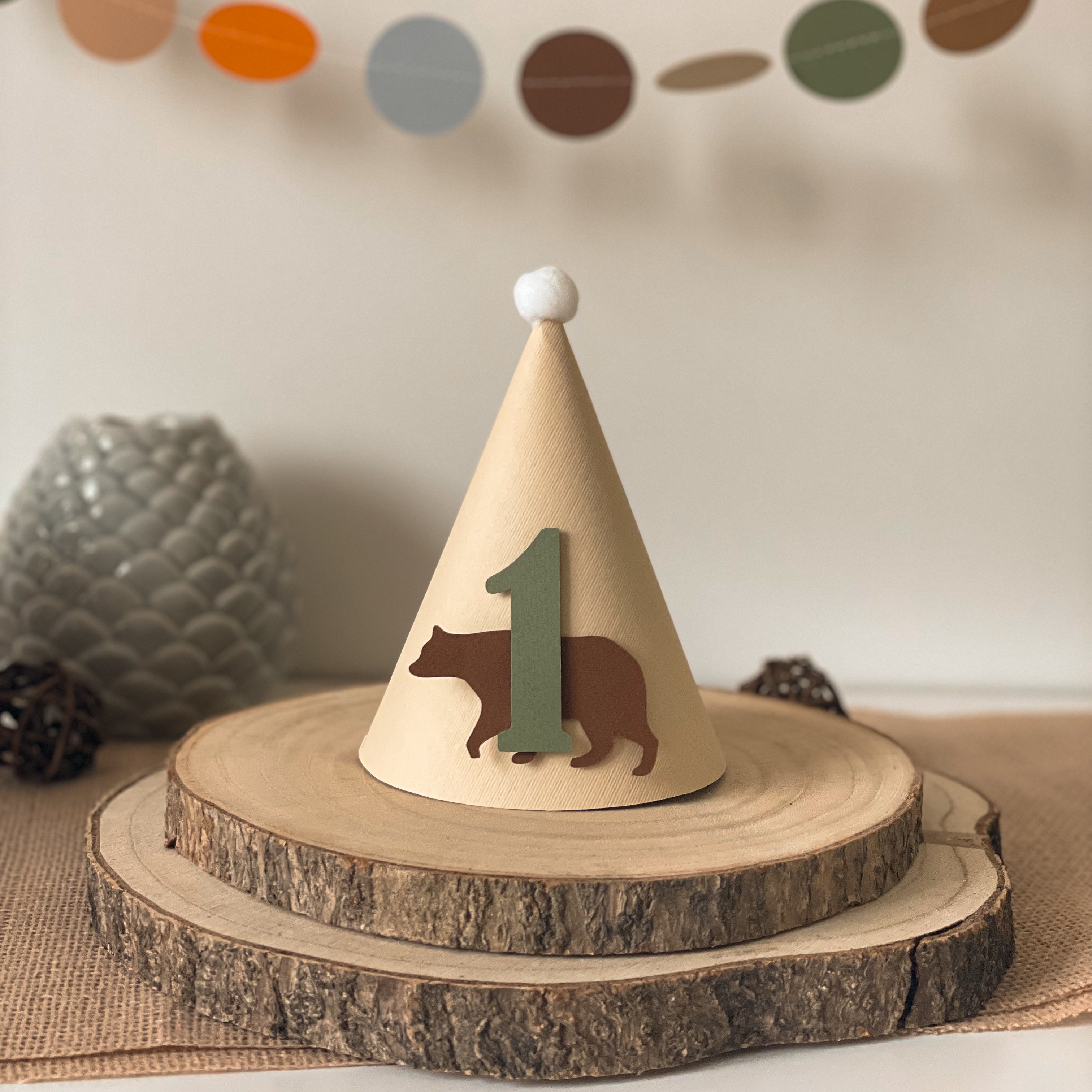 Woodland One Party Hat Bear Baby Boy 1st Birthday Decorations Animals One Year Birthday Hat Woodland Cake Smash Birthday Cone Hat