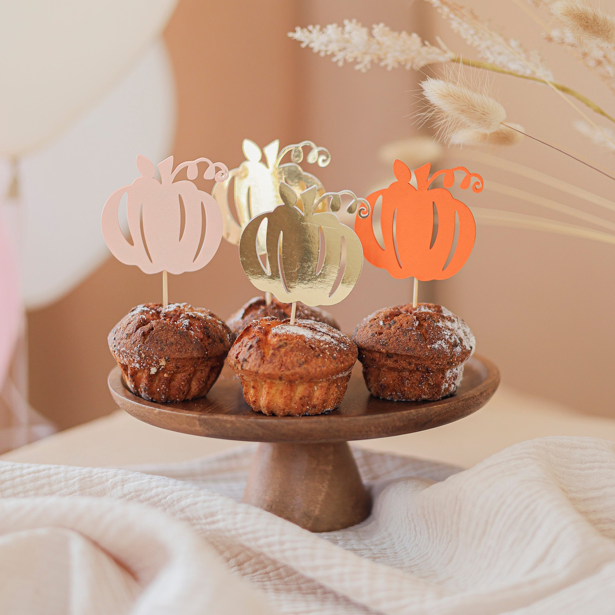 Pumpkin Cupcake Toppers - Burgundy Fall Birthday & Baby Shower Decor