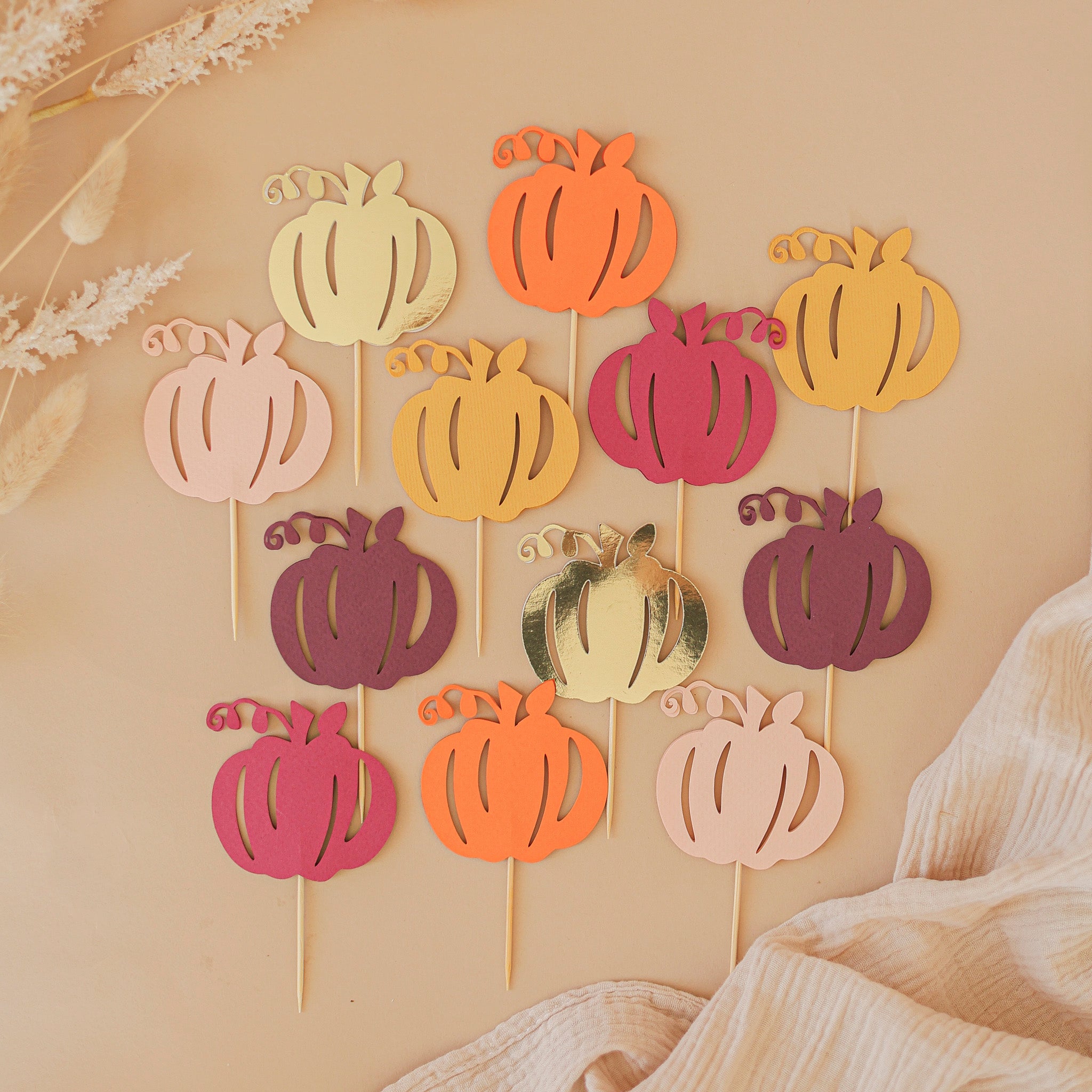 Pumpkin Cupcake Toppers - Burgundy Fall Birthday & Baby Shower Decor