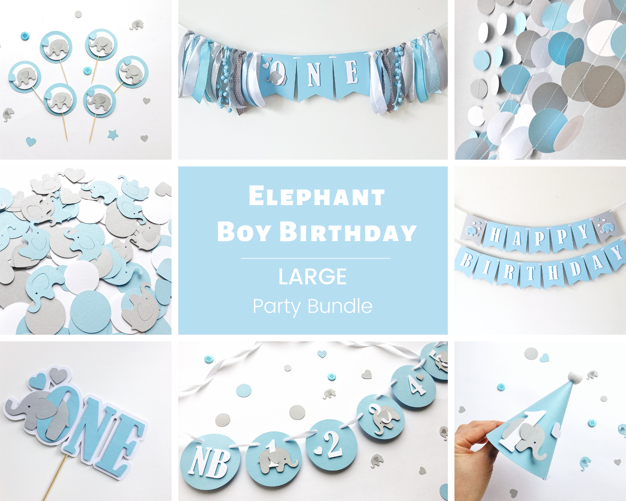 Elephant 1st Birthday Party Bundle Boy Blue First Birthday Decorations Elephant Theme Party Personalized Party Banner Toddler Party