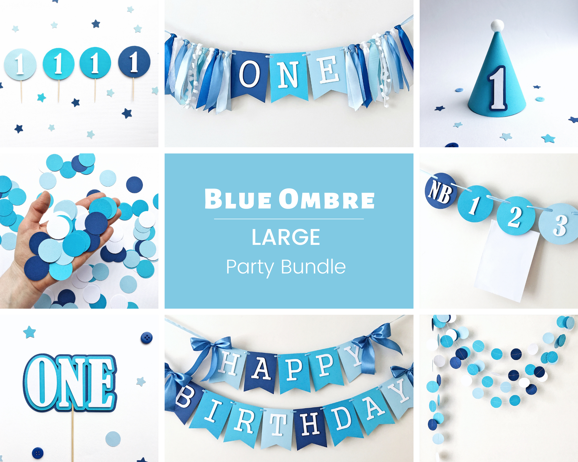 Blue Ombre Boy 1st Birthday Party Bundle Blue White First Birthday Theme Decorations First Birthday Bundle Shades of Blue Party Decor