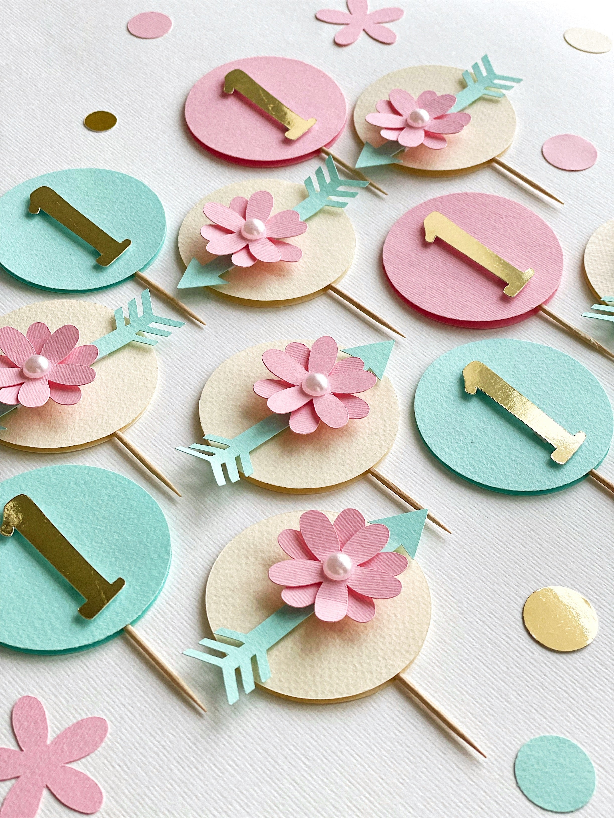 Wild One Cupcake Toppers Pink Mint party Floral Boho Wild One 