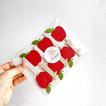 Hand holding packaged set of handcrafted red apple cupcake toppers