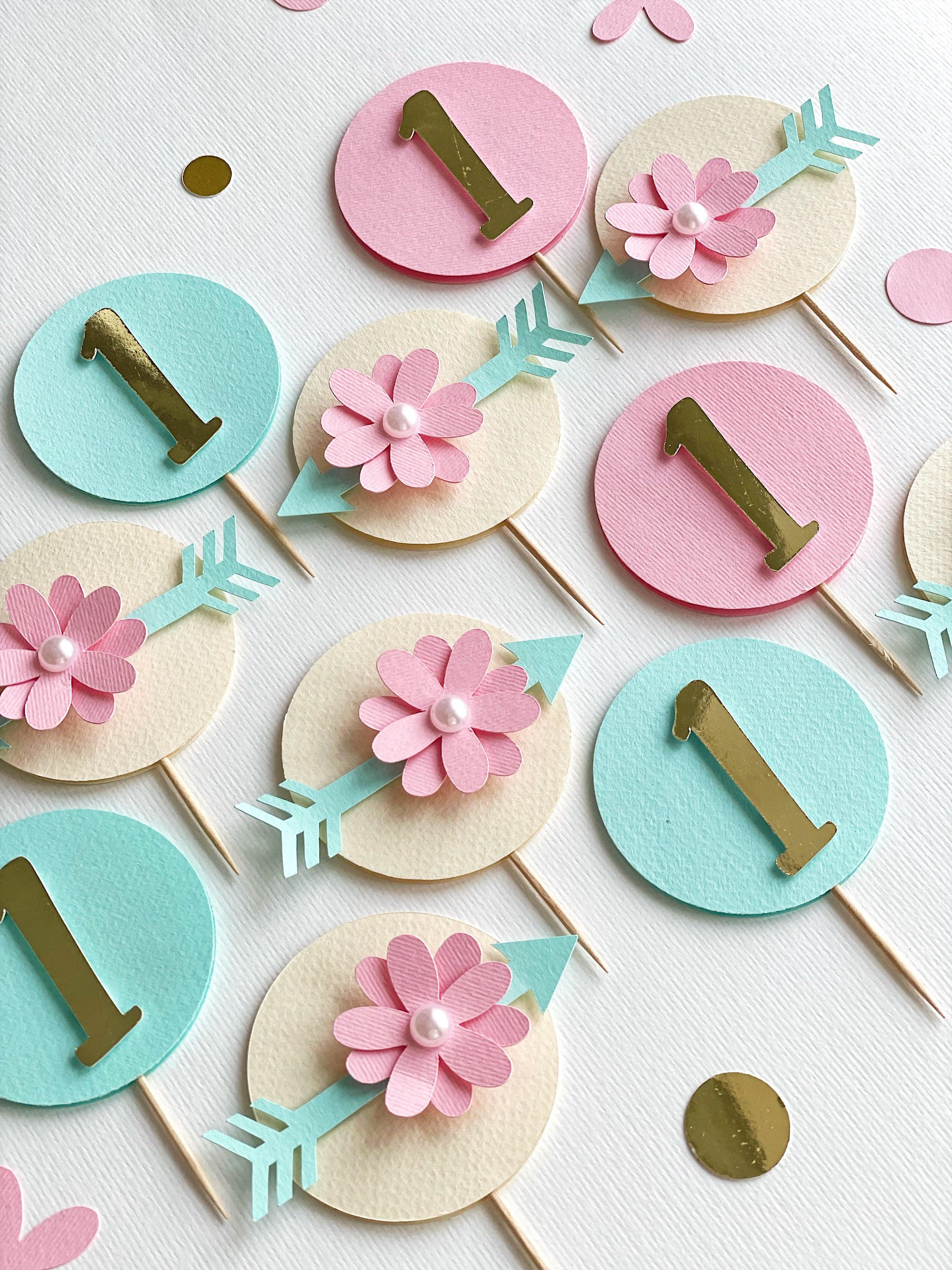 Wild One Cupcake Toppers Pink Mint party Floral Boho Wild One 