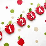 Flat lay view of apple theme 12 month photo banner cards arranged diagonally on a clean background.
