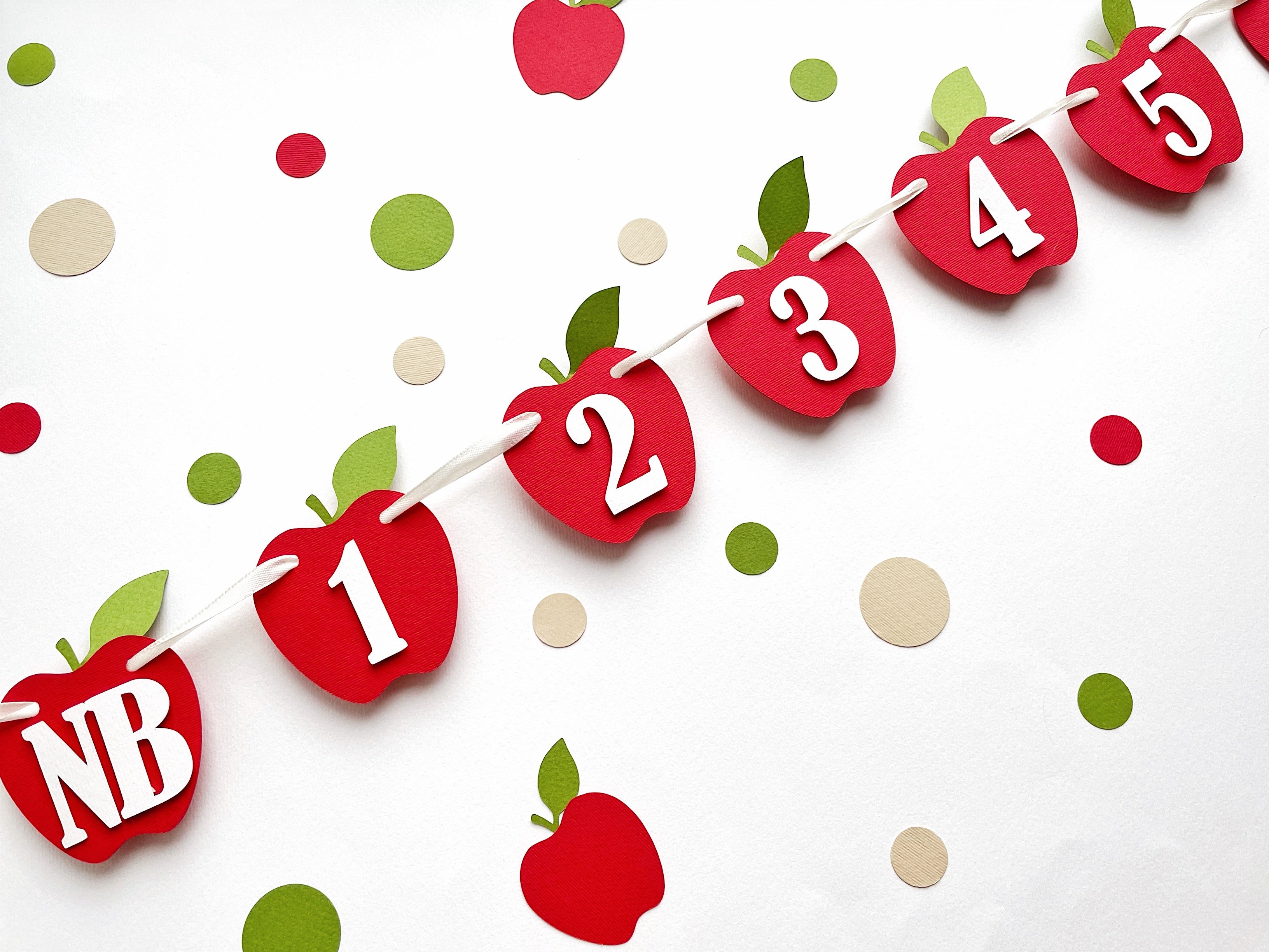 Flat lay view of apple theme 12 month photo banner cards arranged diagonally on a clean background.