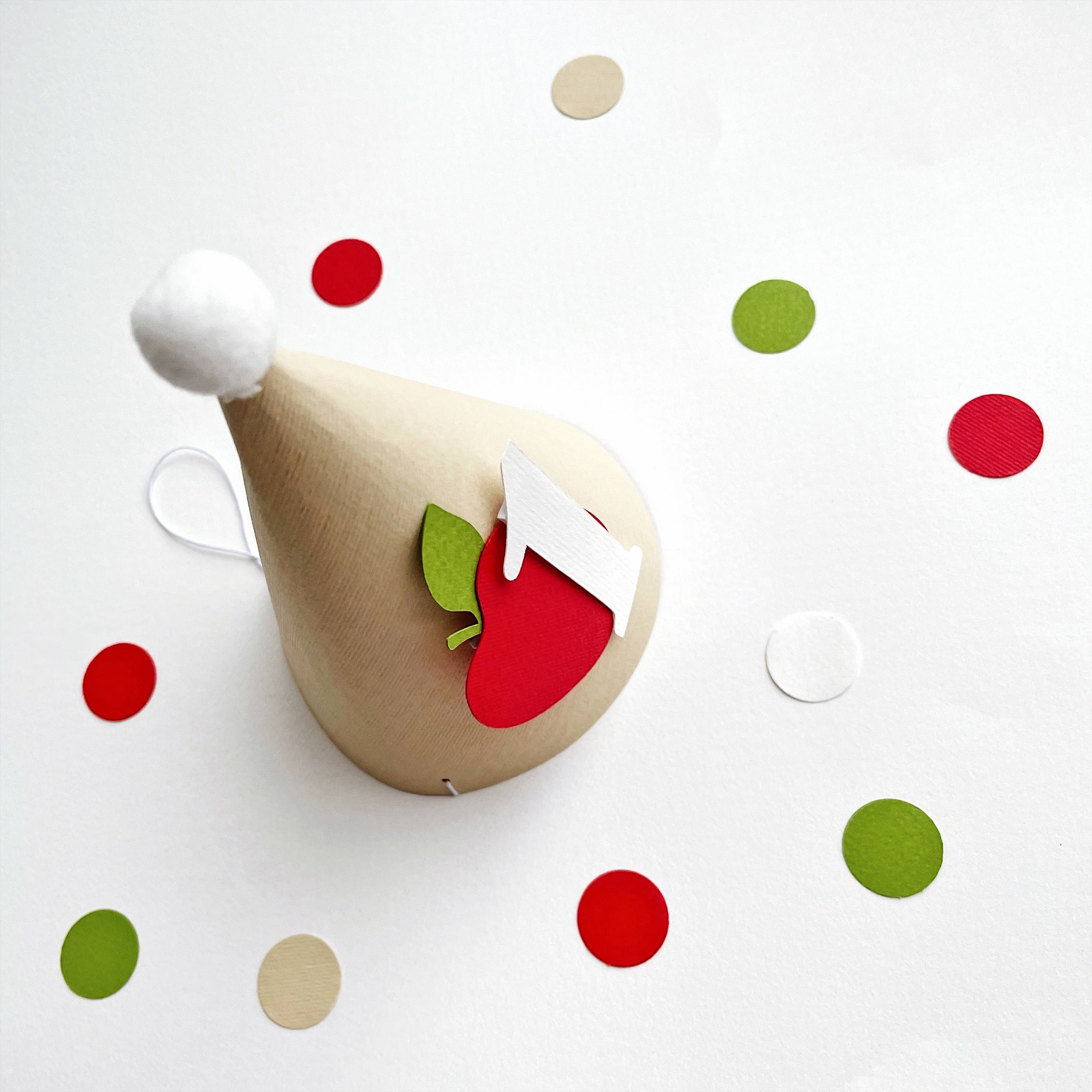 Mini apple birthday hat photo prop with pom pom top and matching confetti
