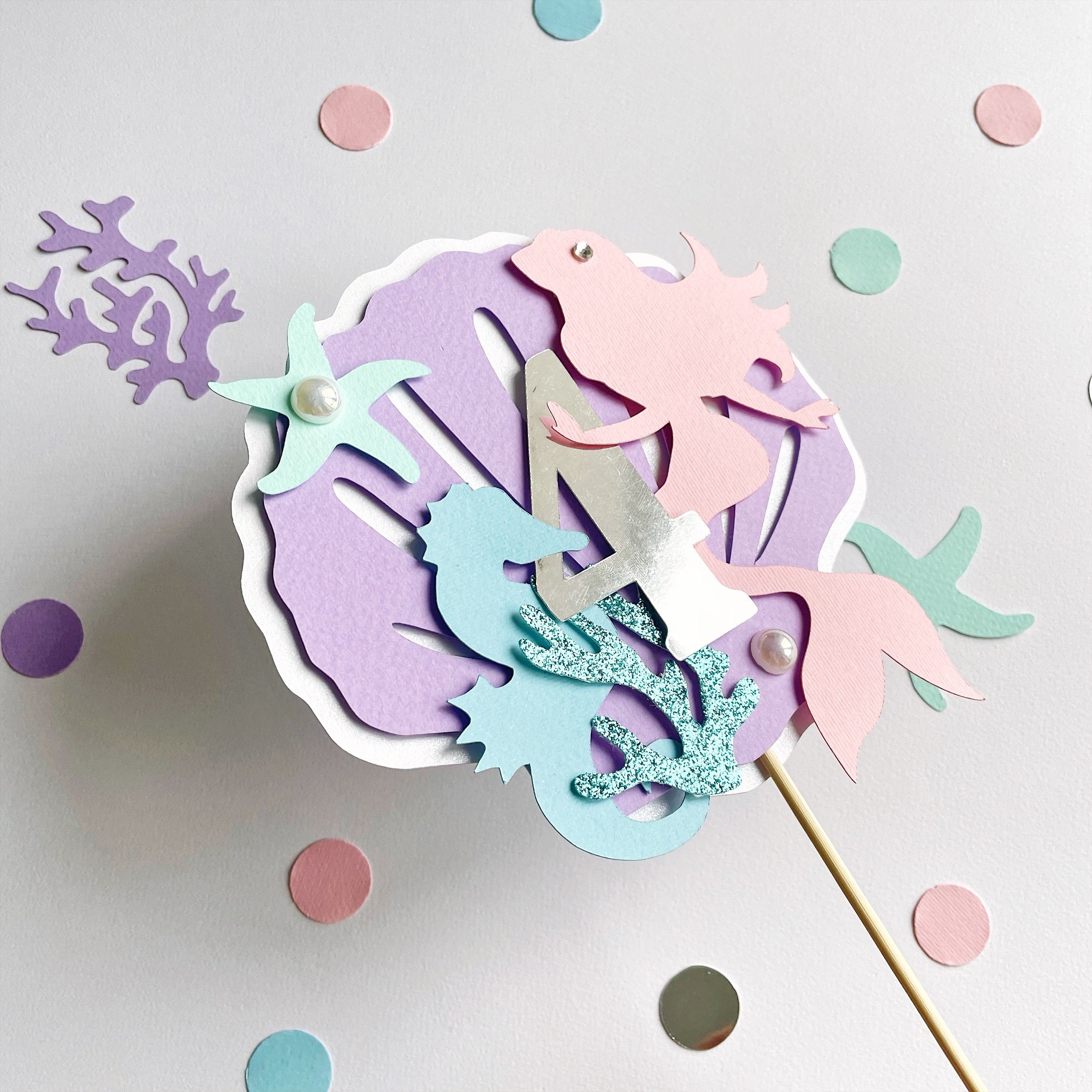 Colorful mermaid themed party cake topper for Girl 4th Birthday