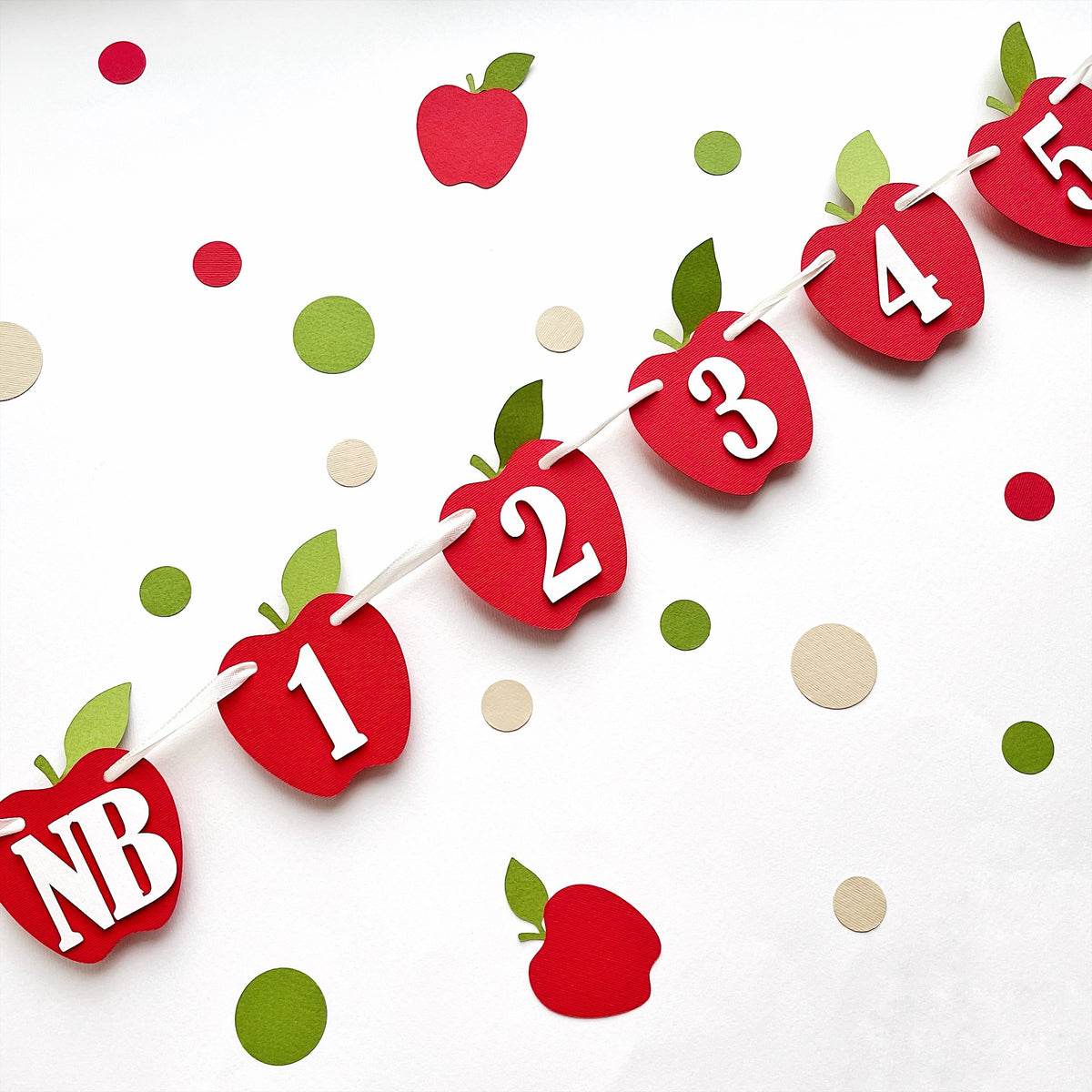 Red apple monthly photo banner cards including NB (Newborn) and monthly numbers for an Apple of My Eye party.