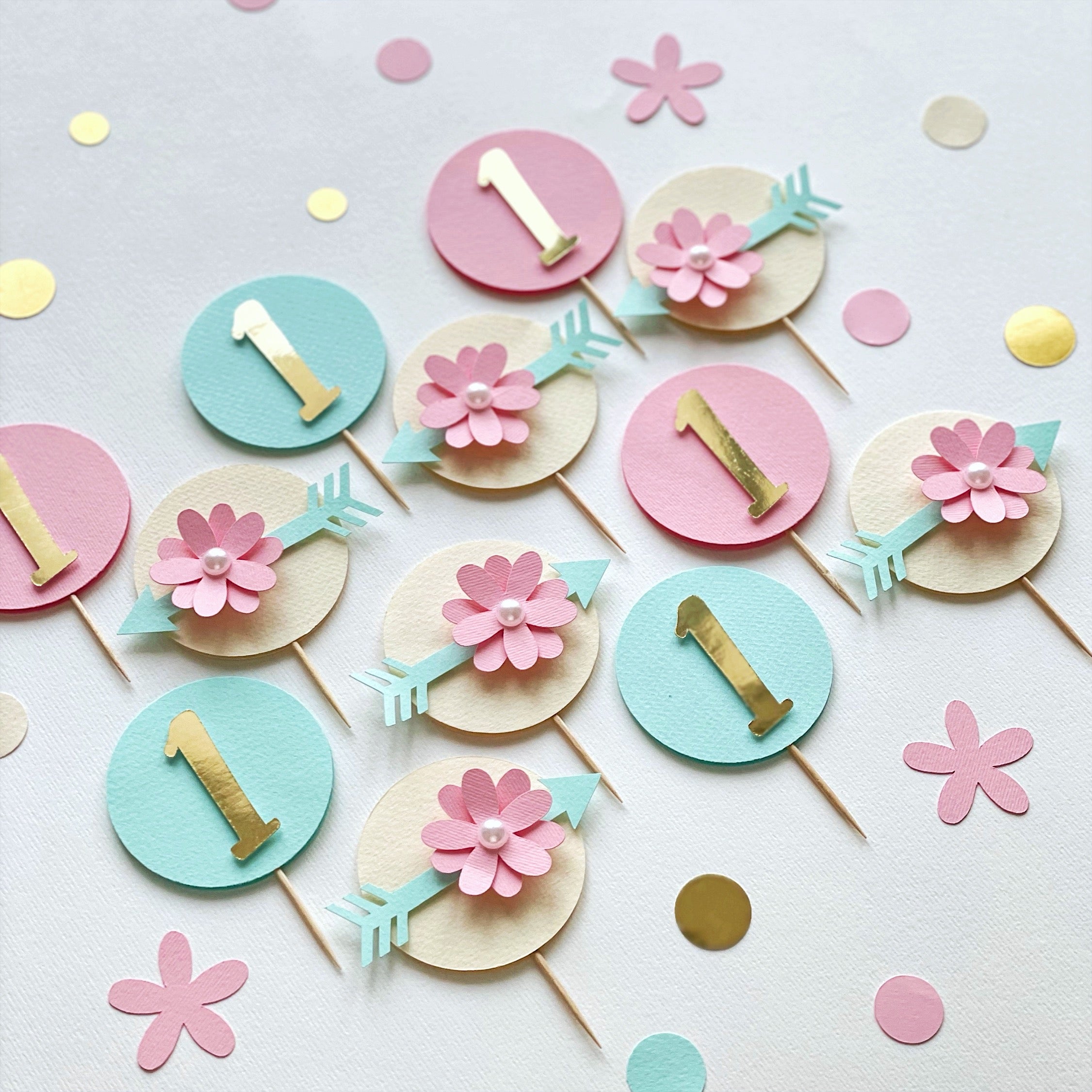 Wild One Cupcake Toppers Pink Mint party Floral Boho Wild One 