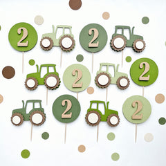 Green tractor cupcake toppers set of 12 for farm themed birthday party decorations on white background