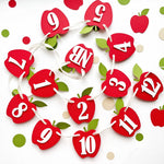 Scattered layout of red apple month cards from Newborn to 12 months for an Apple 1st Birthday theme.