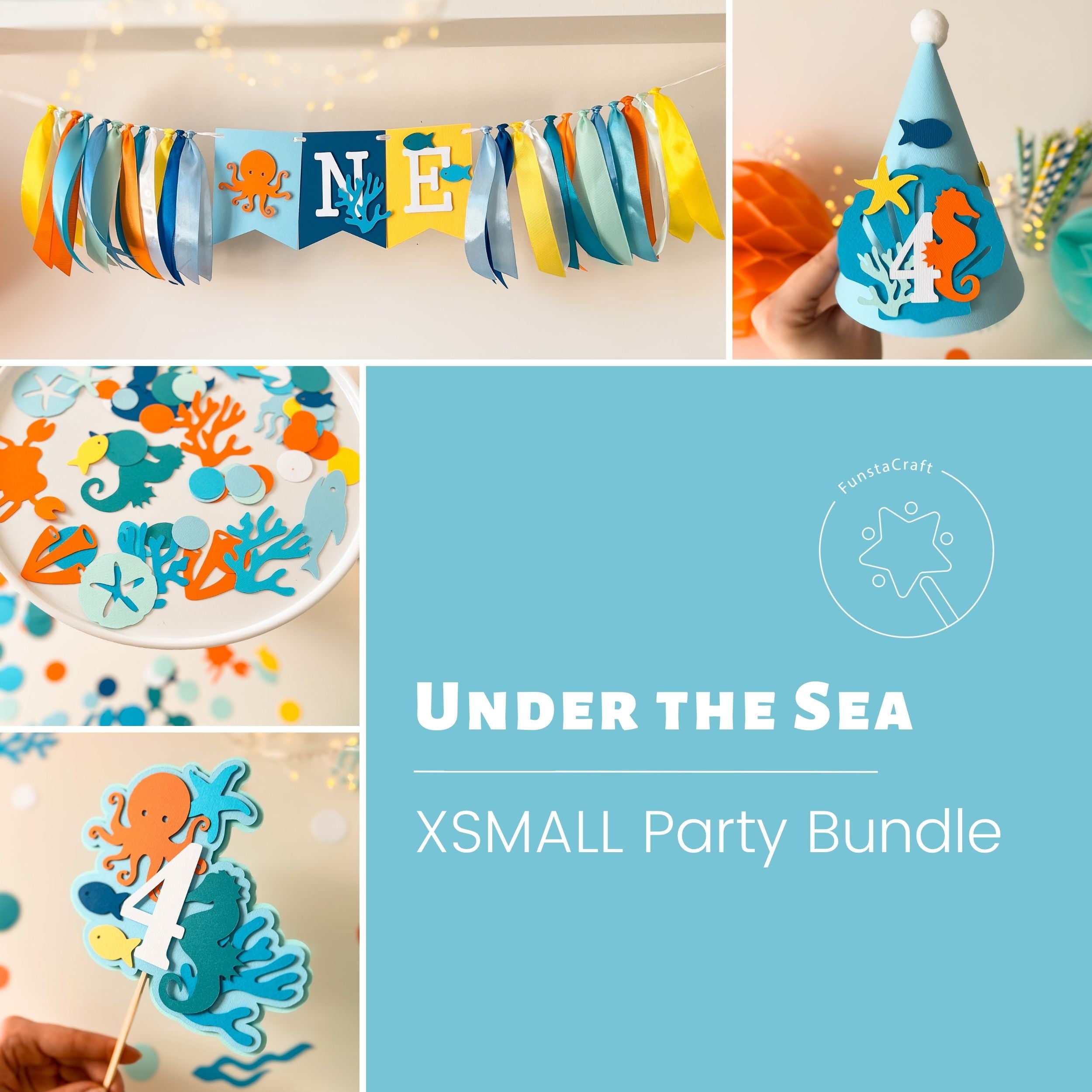 Under the Sea Ocean Birthday Kit with a "Happy Birthday" banner, an One highchair banner,  blue and green confetti with seahorses, crabs, and sharks, a party hat with shell accents and cake topper  with fish and octopus shapes.
