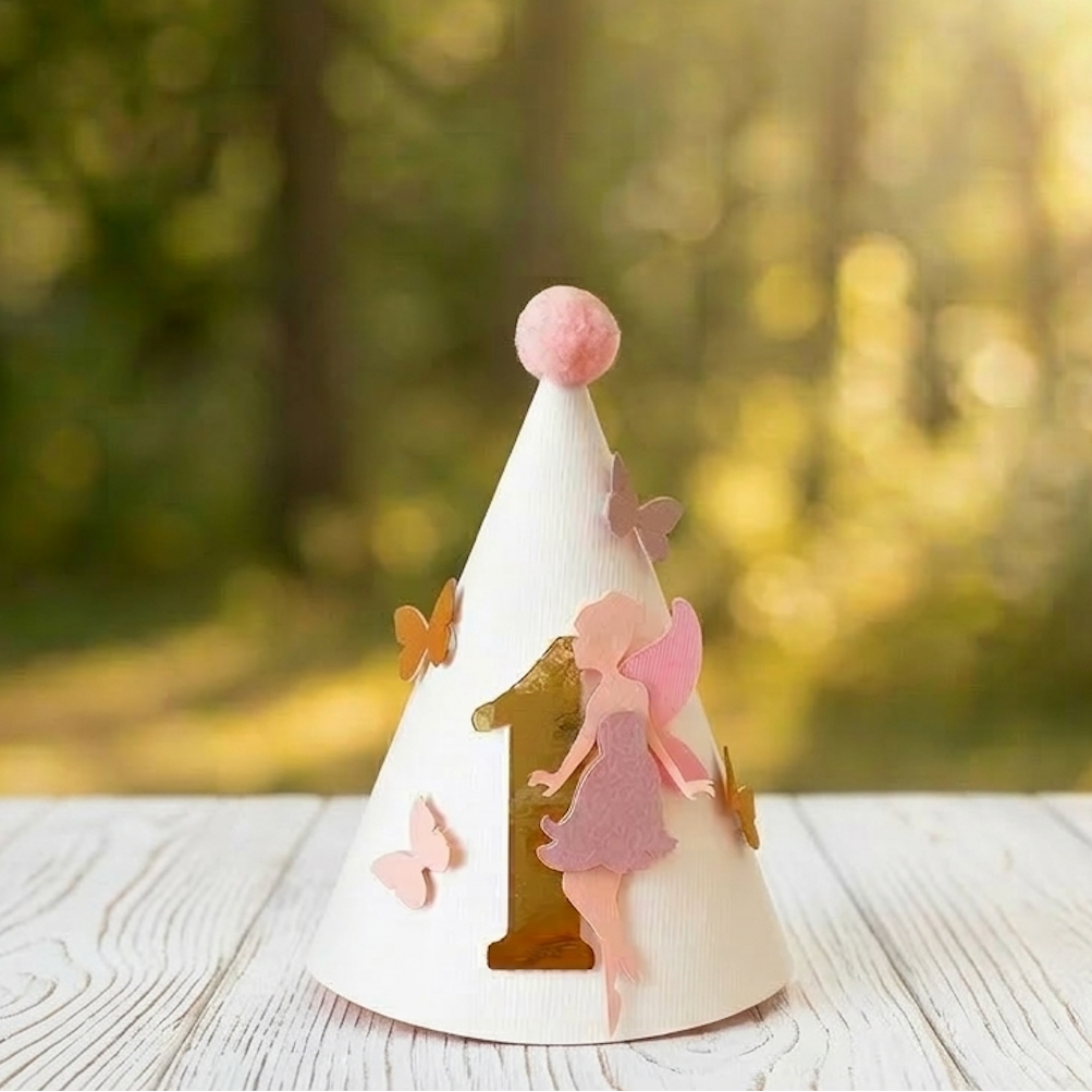Decorative cone with fairy figures on a wooden surface with a blurred natural background
