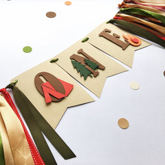 One Happy Camper Highchair Banner with Earthy Ribbon Garland and Rustic Camp Cutouts