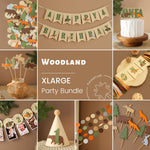 Collage of woodland themed party decorations including a 'Happy Birthday' banner, cake toppers, and other decorations.