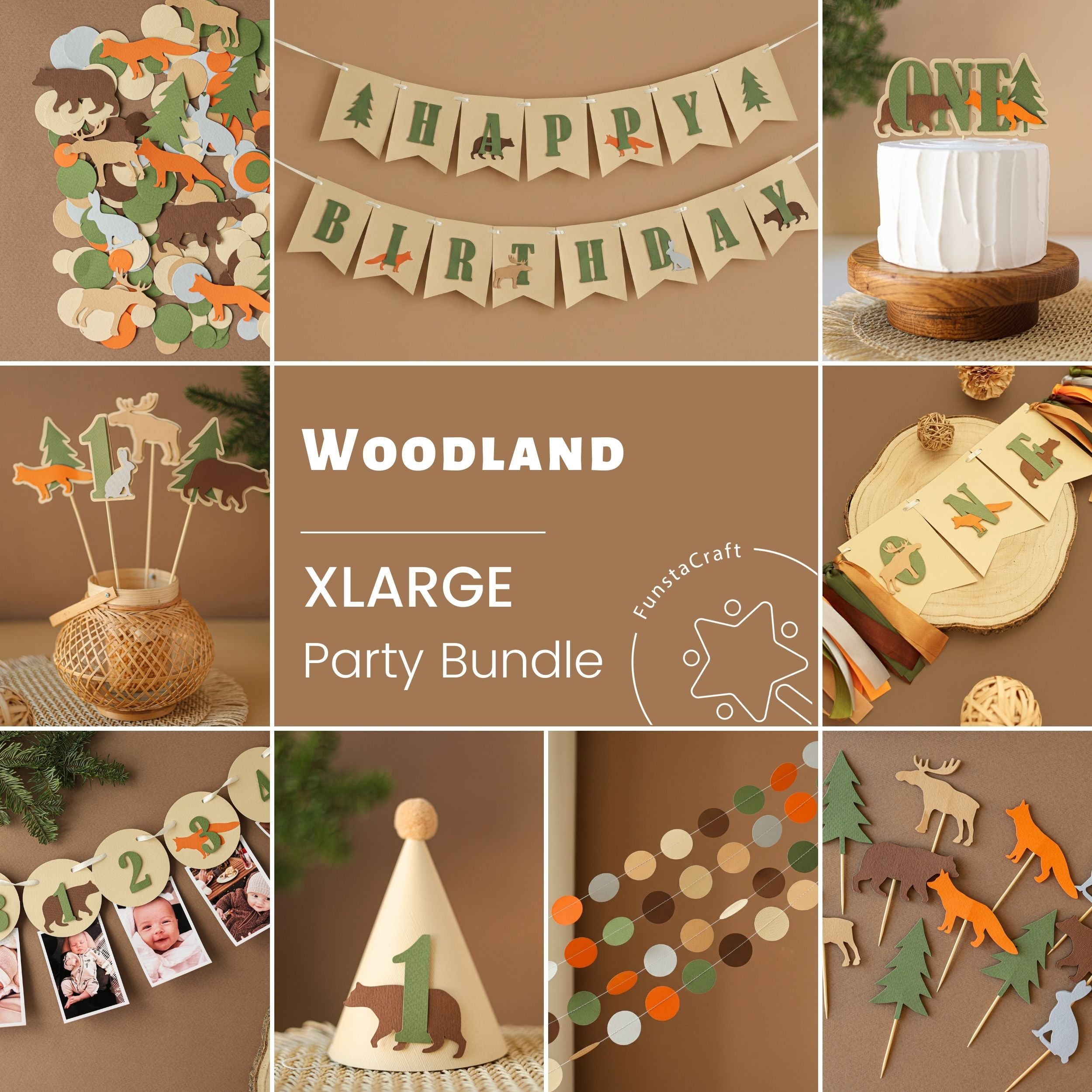 Collage of woodland themed party decorations including a 'Happy Birthday' banner, cake toppers, and other decorations.