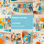 Under the Sea Ocean Birthday Bundle featuring a collection of party decorations including a Happy Birthday banner, highchair banner, cupcake toppers with sea animals, confetti, party hat, monthly photo banner, and paper garland, all in blue, green, orange and aquatic colors.