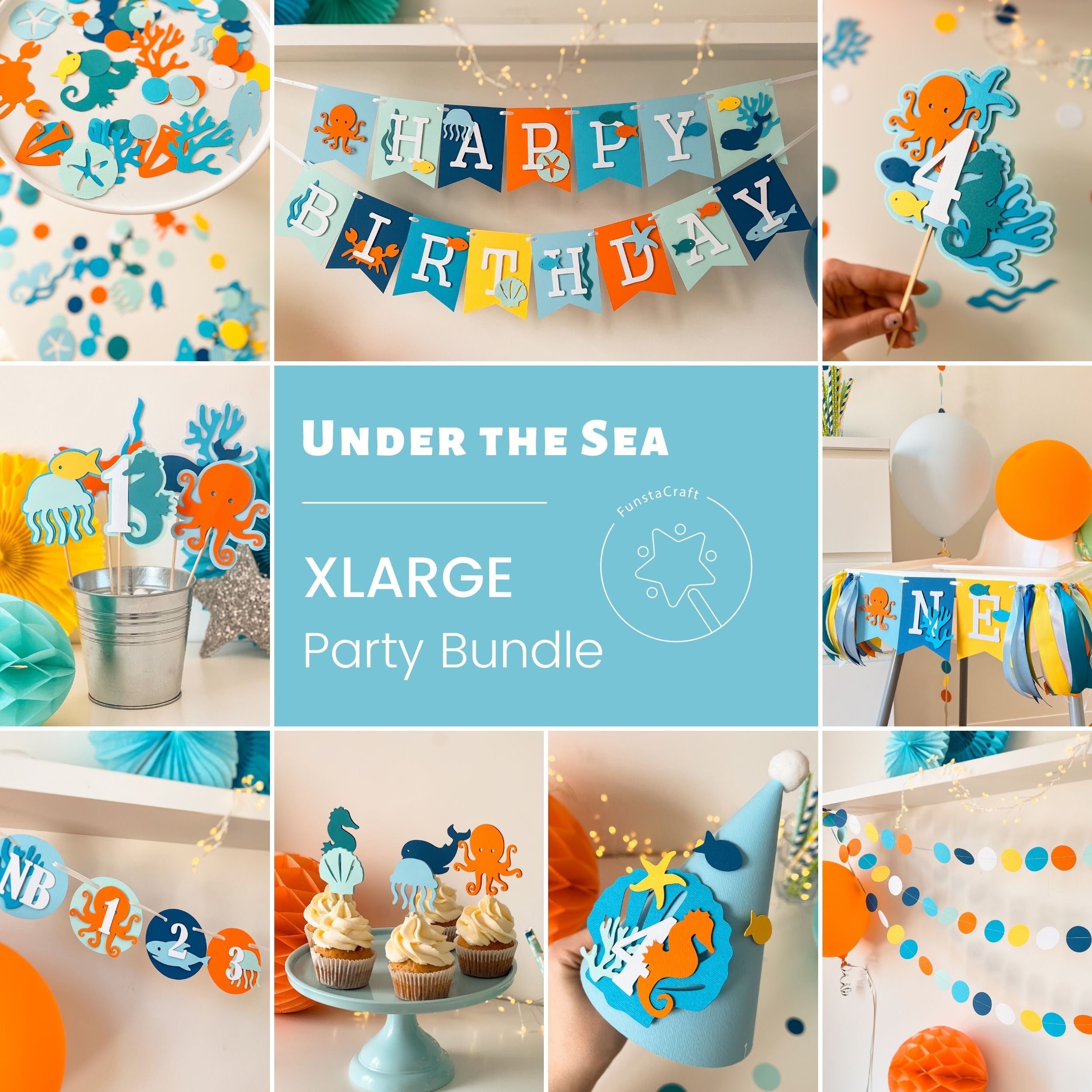 Under the Sea Ocean Birthday Bundle featuring a collection of party decorations including a Happy Birthday banner, highchair banner, cupcake toppers with sea animals, confetti, party hat, monthly photo banner, and paper garland, all in blue, green, orange and aquatic colors.