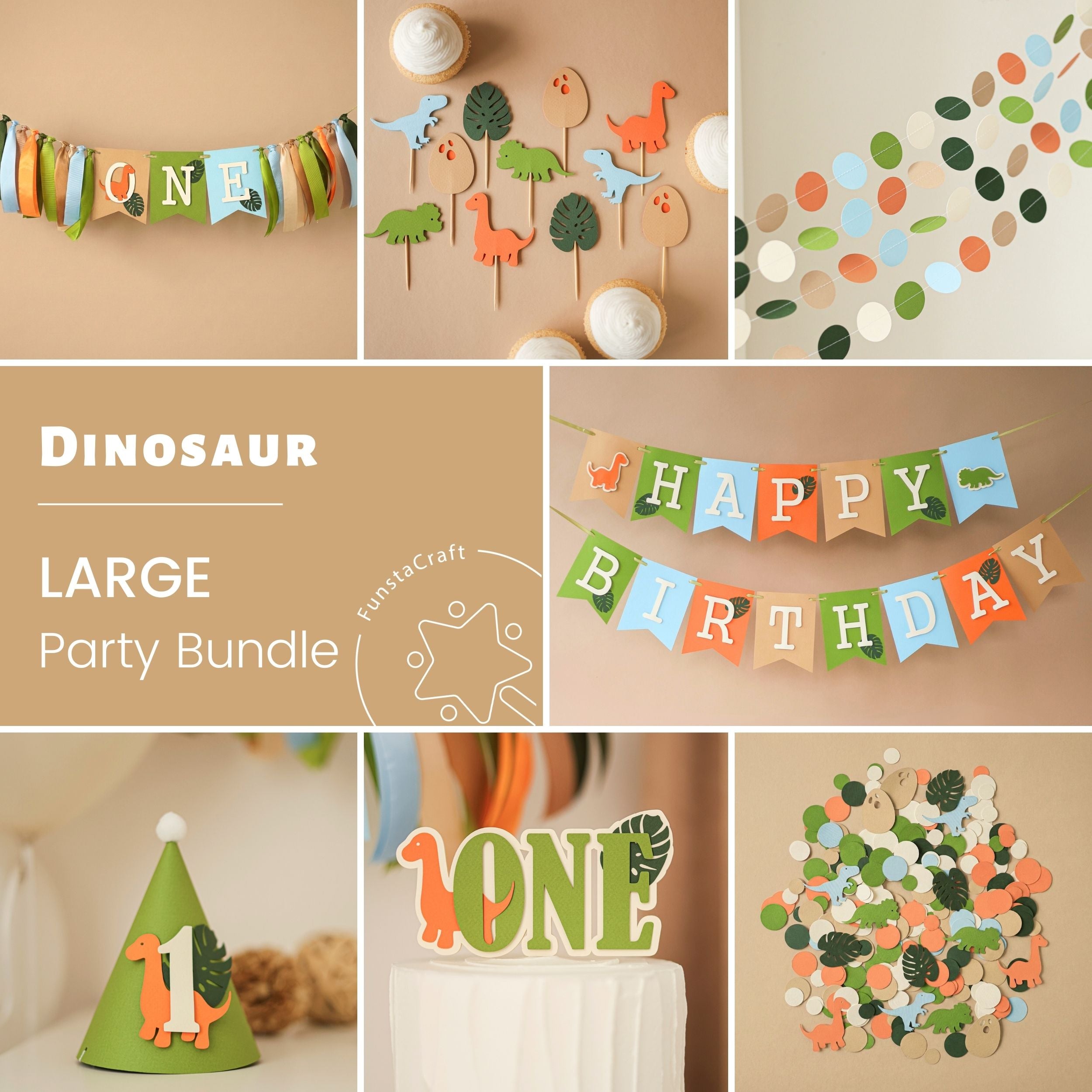 Dino 1st Birthday bundle - Dinosaur Happy Birthday Banner in sage green and terracotta for 1st birthday