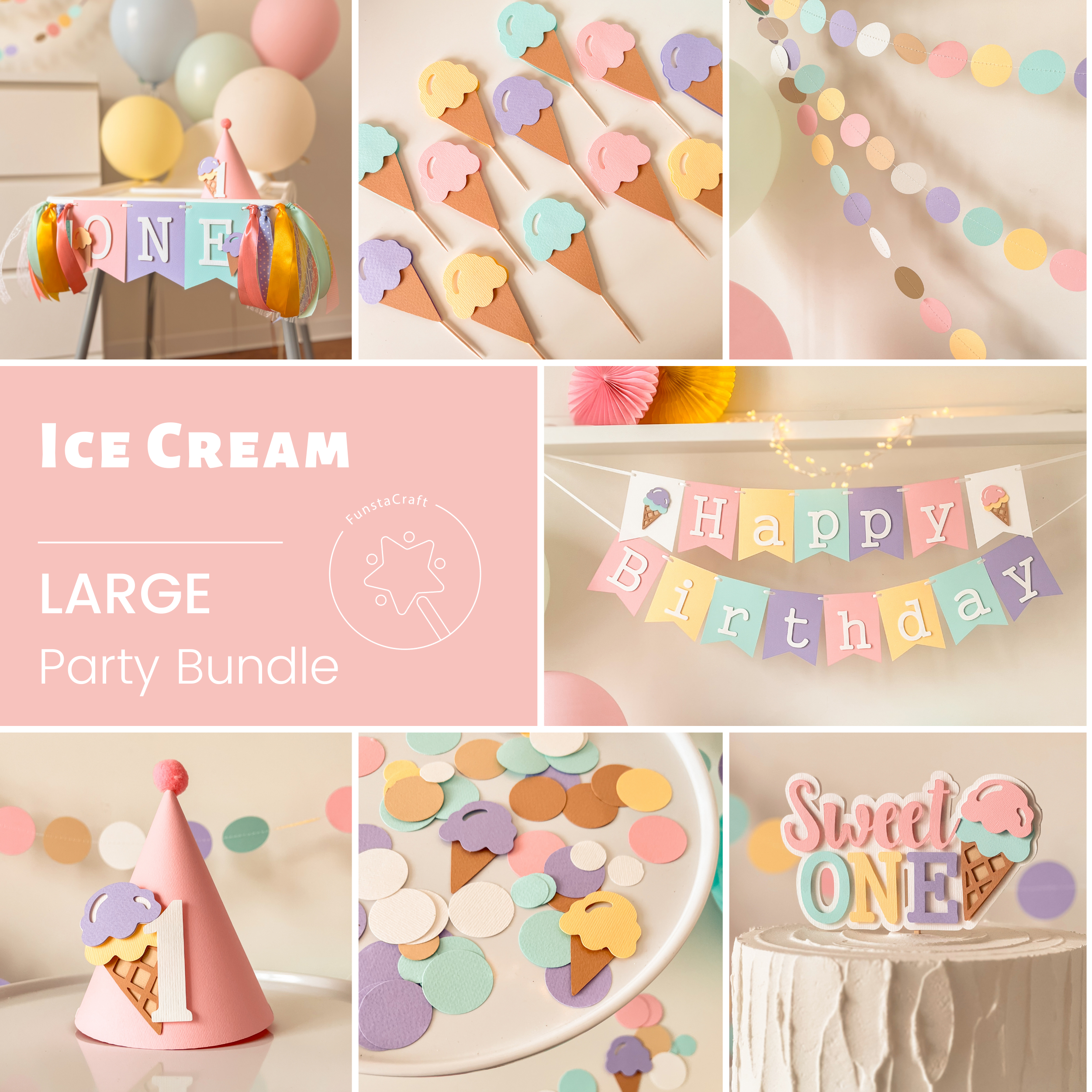 Ice Cream Pastel Scoops Party Bundle for Girl 1st Birthday