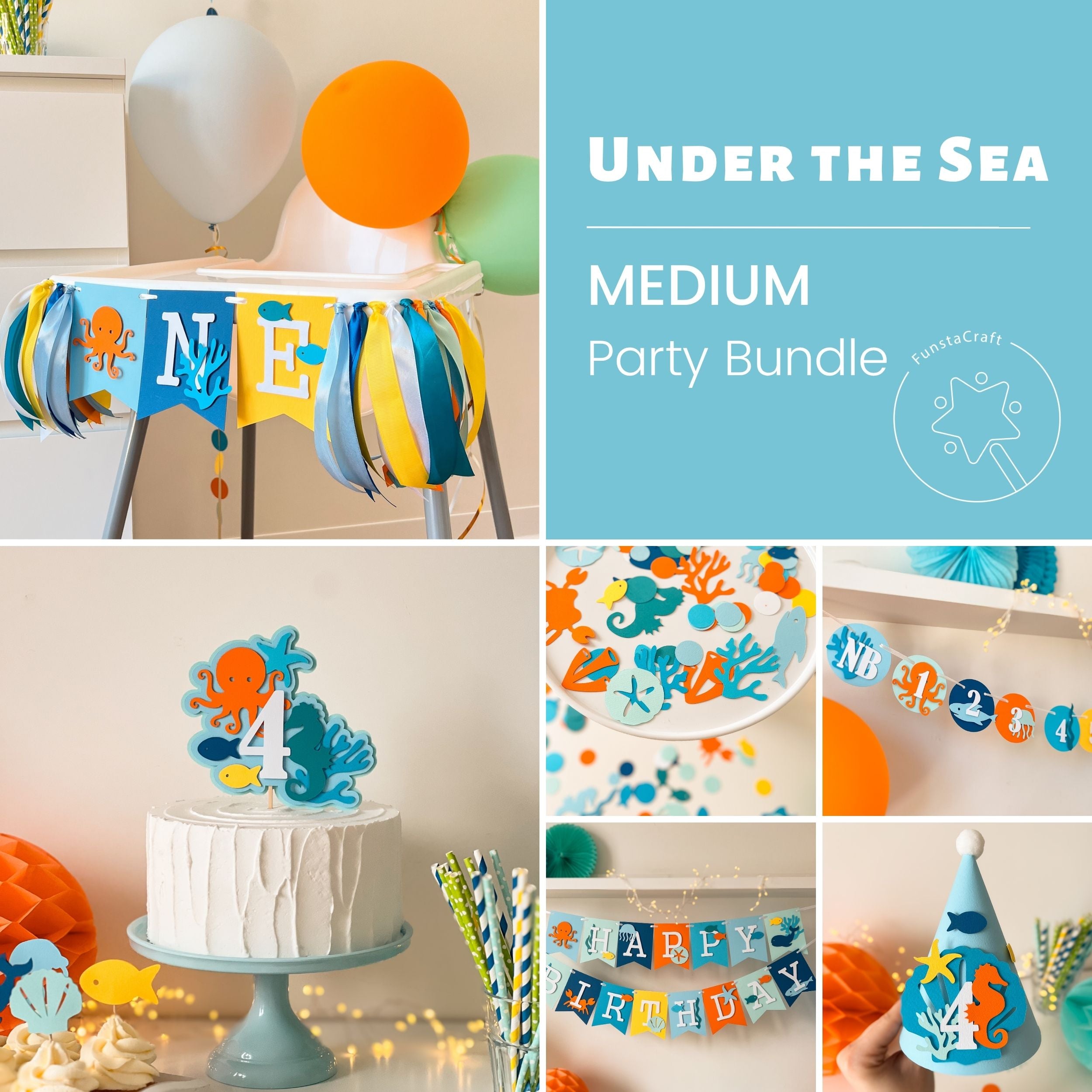 Complete Under the Sea Ocean Birthday Bundle: banner, highchair banner, confetti, party hat, monthly photo banner, and cake topper with marine life details.