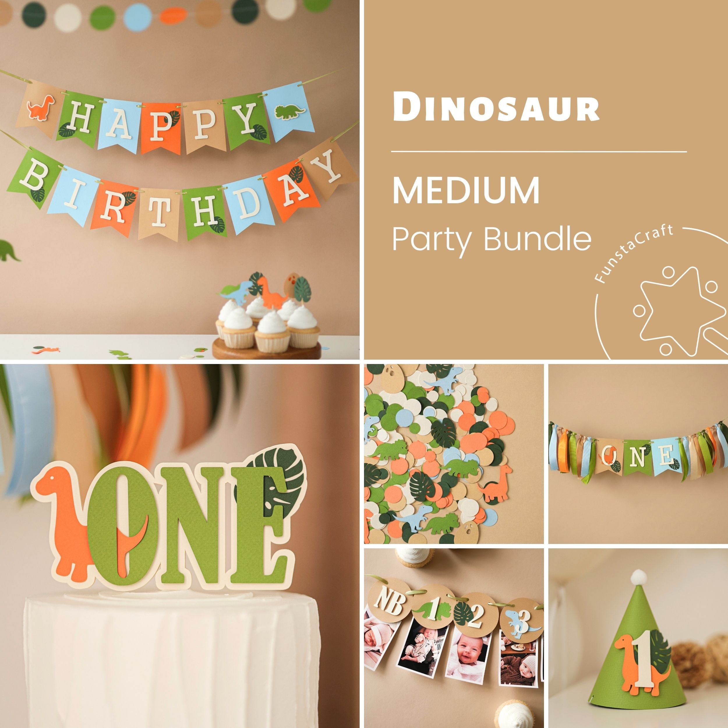 Dino 1st Birthday bundle - Dinosaur Happy Birthday Banner in sage green and terracotta for 1st birthday