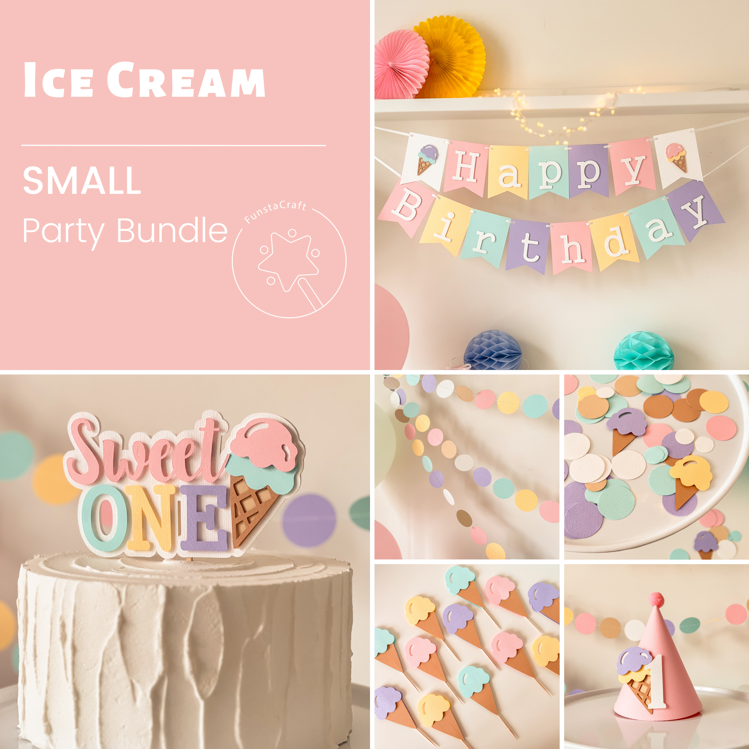Sweet One Party Supplies, Ice Cream Party Bundle for Girl 1st Birthday