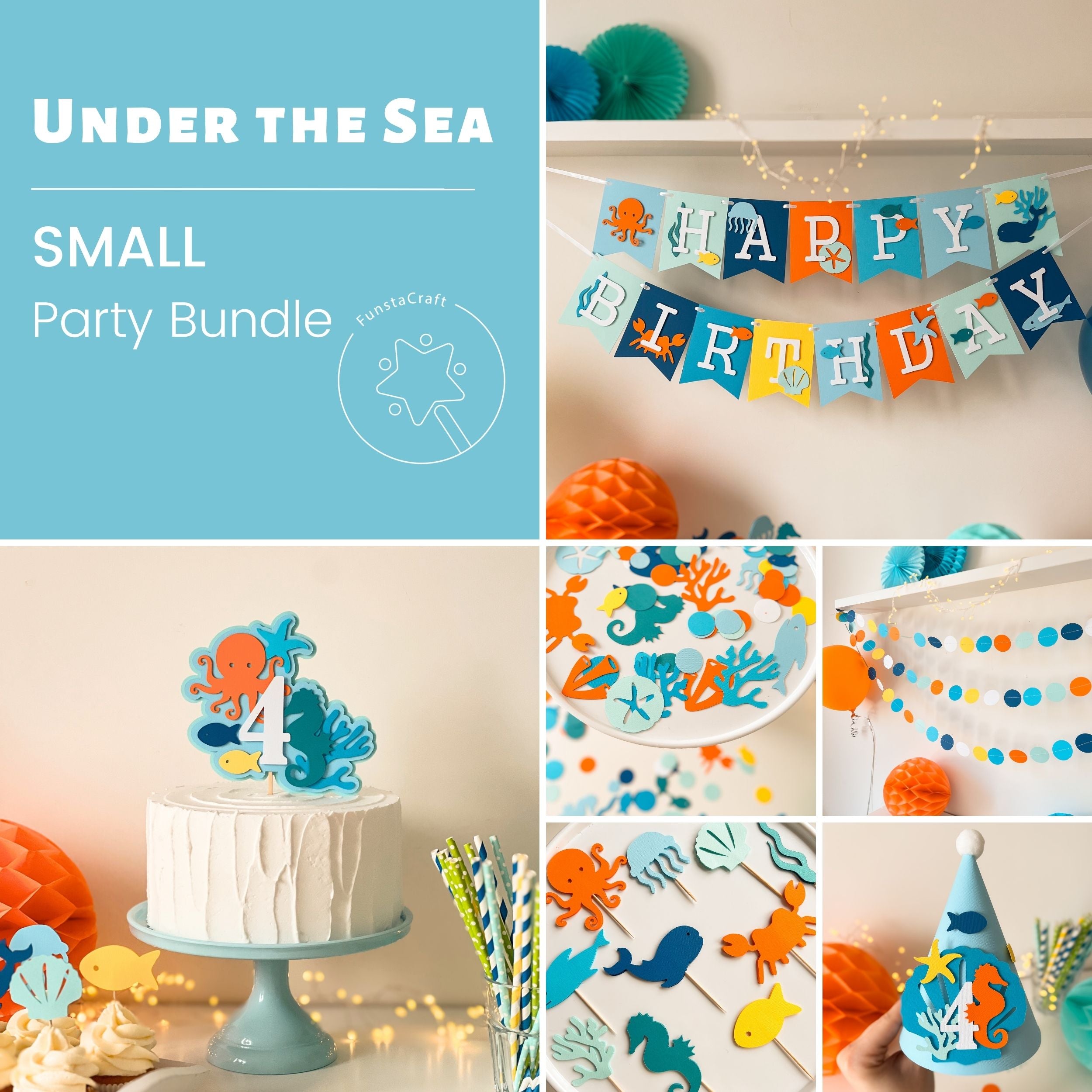 Under the Sea Ocean Birthday Bundle featuring a collection of party decorations including a Happy Birthday banner, highchair banner, cupcake toppers with sea animals, confetti, party hat, monthly photo banner, and paper garland, all in blue, green, orange and aquatic colors.