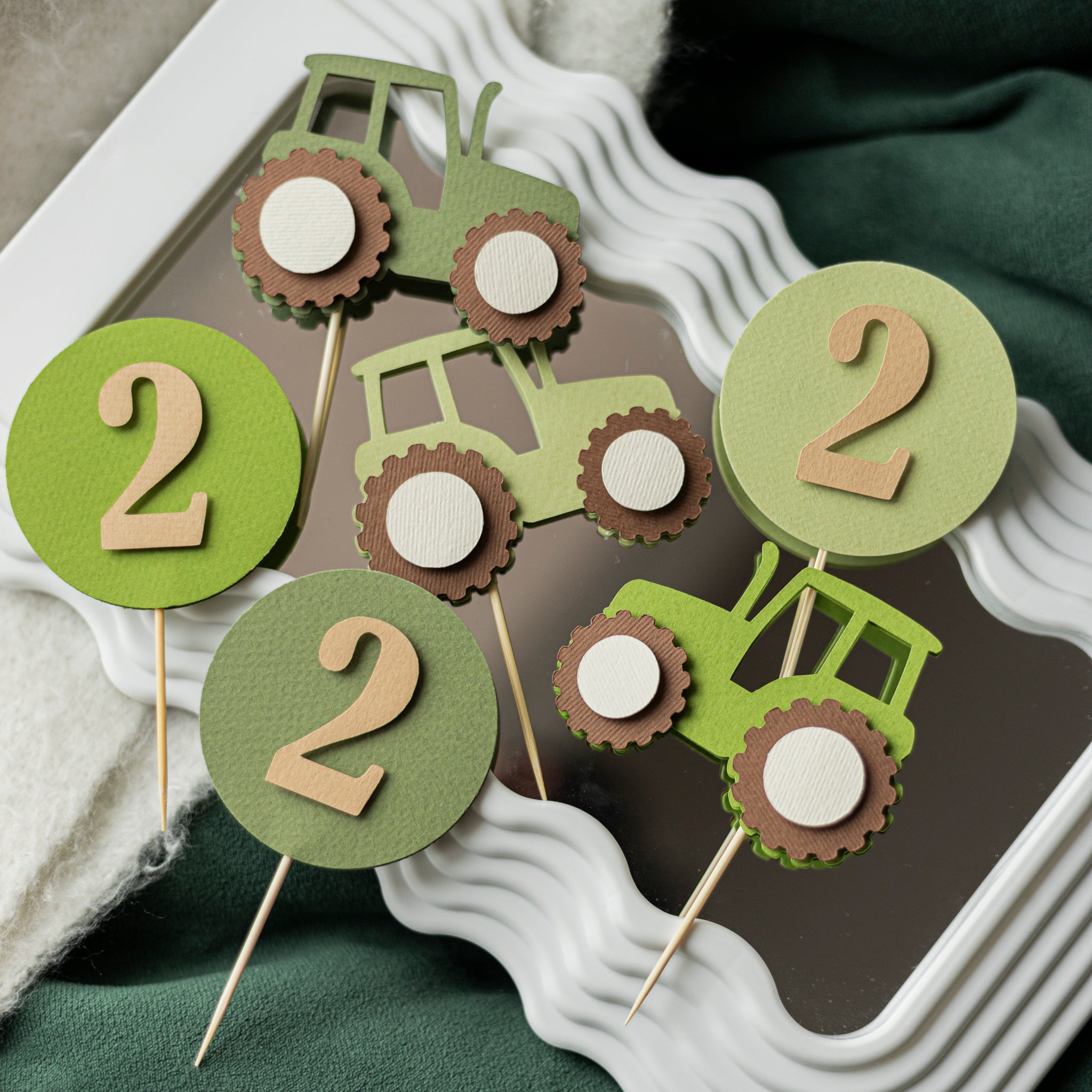 Green tractor cupcake toppers set of 12 for farm themed birthday party decorations