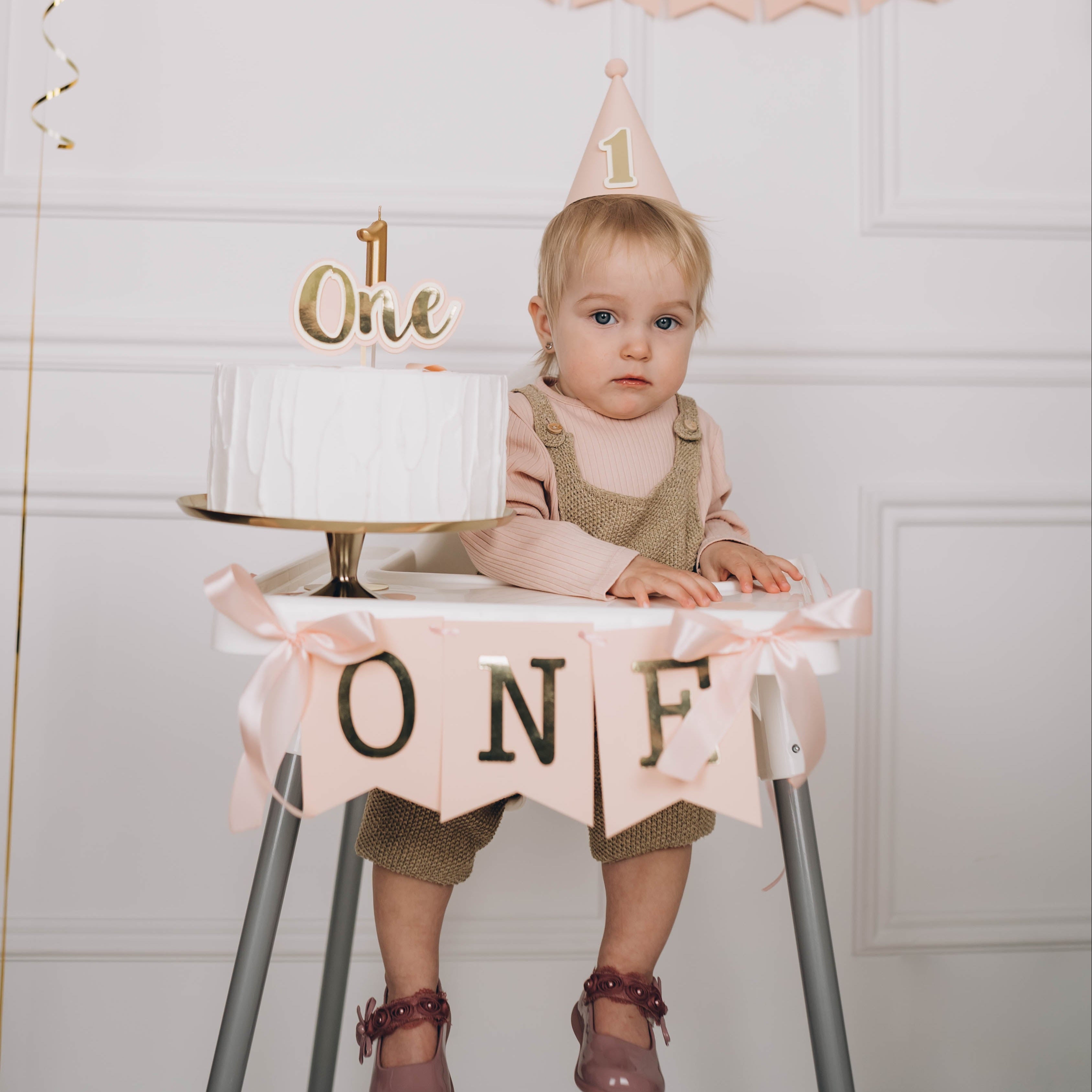 Blush Gold Highchair Banner, Girl 1st Birthday Party Decor