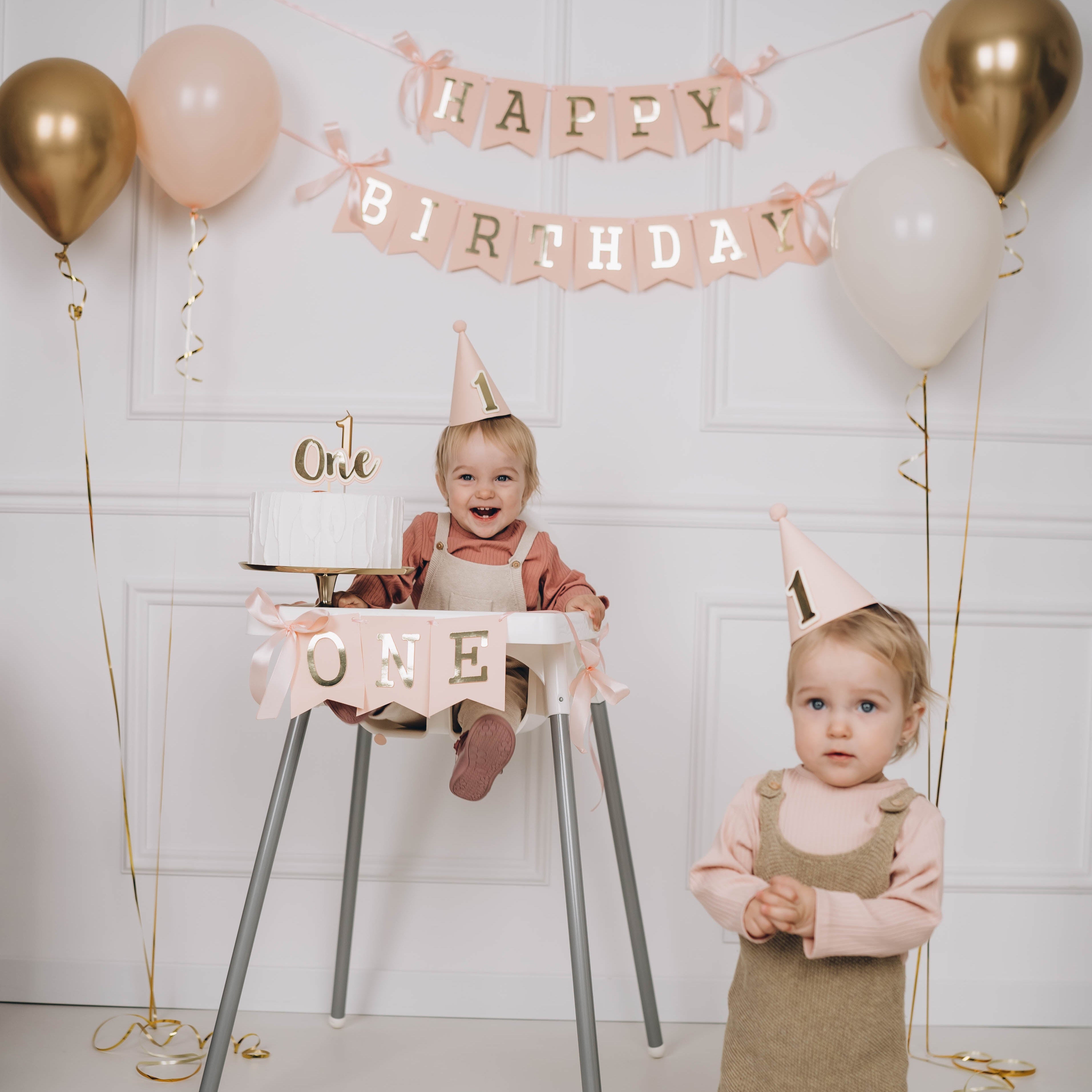 Blush Gold Highchair Banner, Girl 1st Birthday Party Decor