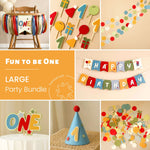 Collage of birthday party decorations including a high chair with a 'ONE' banner, colorful number sticks, confetti, and a 'Happy Birthday' banner.
