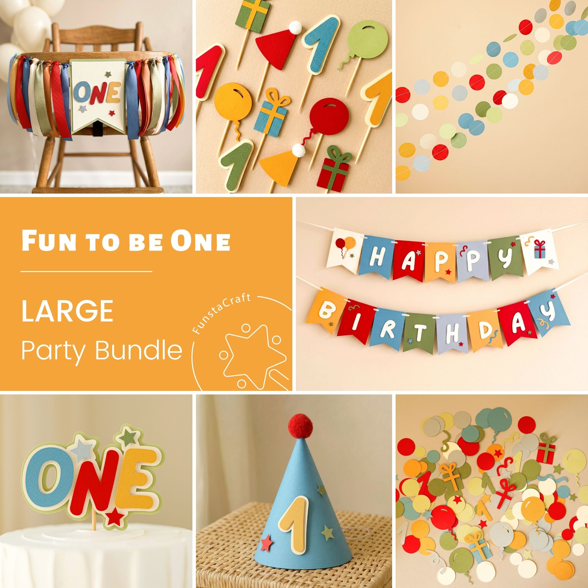 Collage of birthday party decorations including a high chair with a 'ONE' banner, colorful number sticks, confetti, and a 'Happy Birthday' banner.