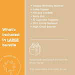 birthday party decorations with 'Happy Birthday' banner in colorful style
