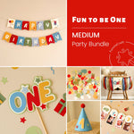 Collage of birthday party decorations with 'Happy Birthday' banner and 'ONE' letter set, featuring Funstacraft brand.