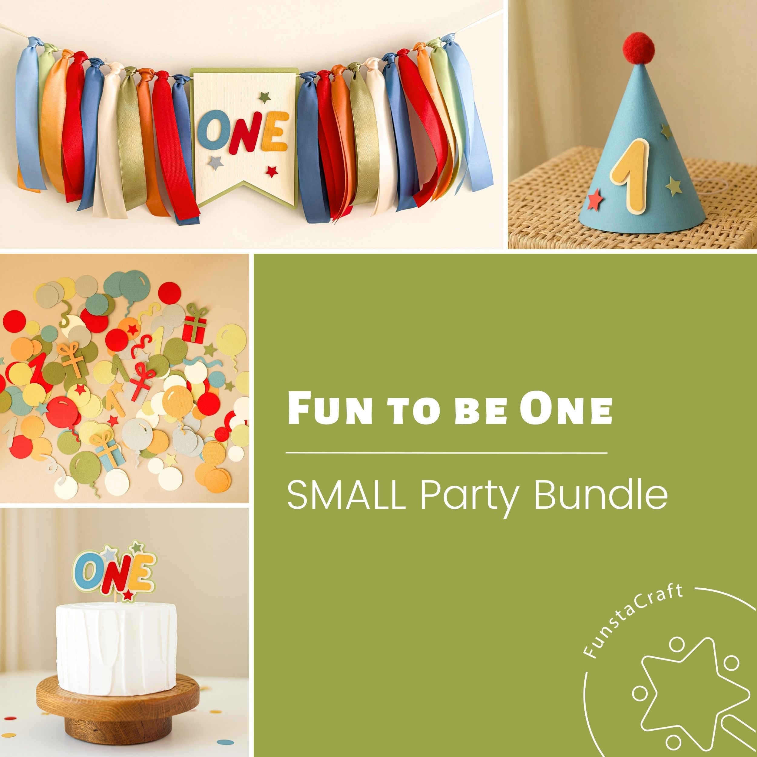 Collage of birthday party decorations with 'ONE' theme, including a banner, hat, and cake topper, on a green background with FunstaCraft branding.