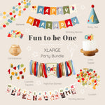 birthday party decorations with 'Happy Birthday' banner in colorful style