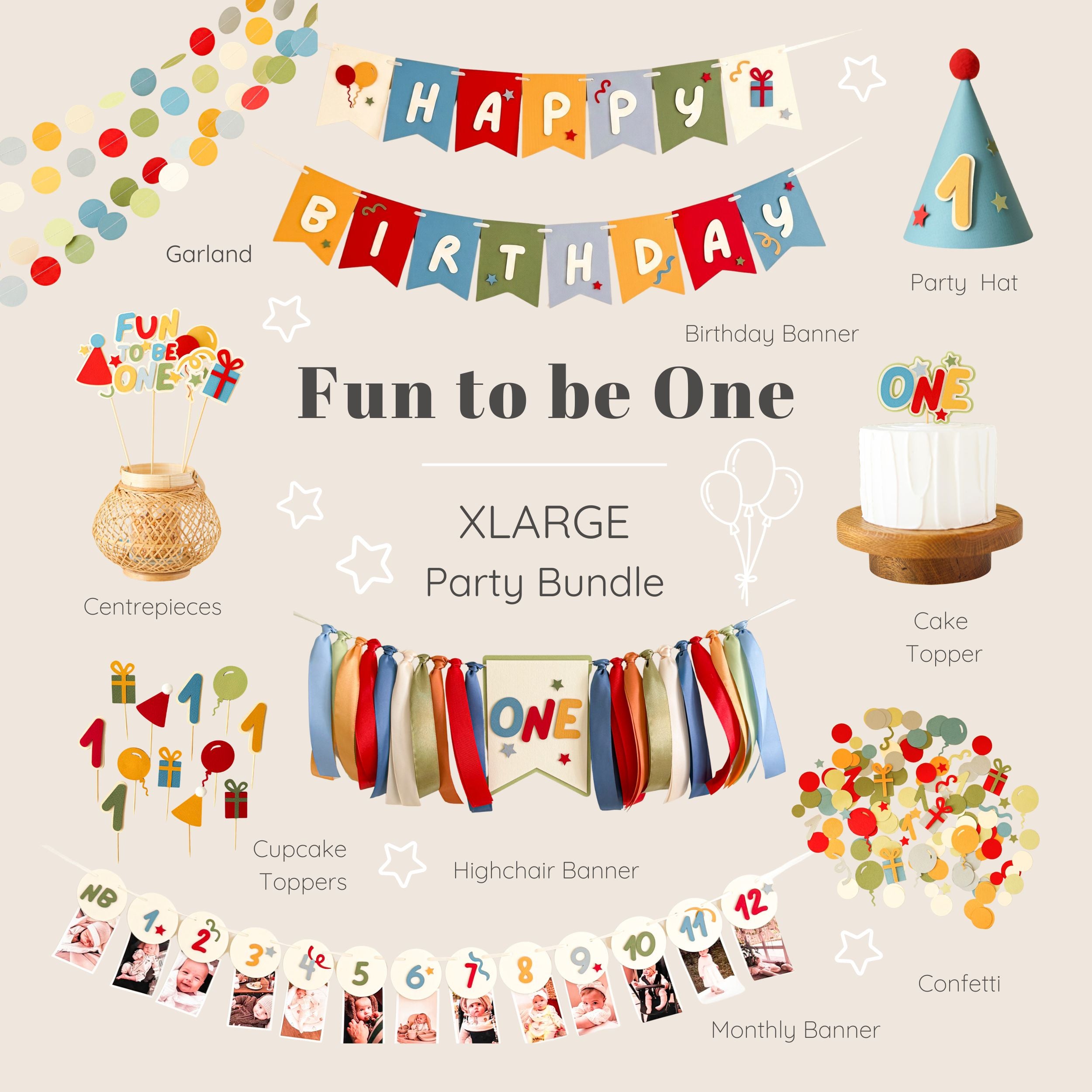 birthday party decorations with 'Happy Birthday' banner in colorful style