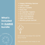birthday party decorations with 'Happy Birthday' banner in colorful style