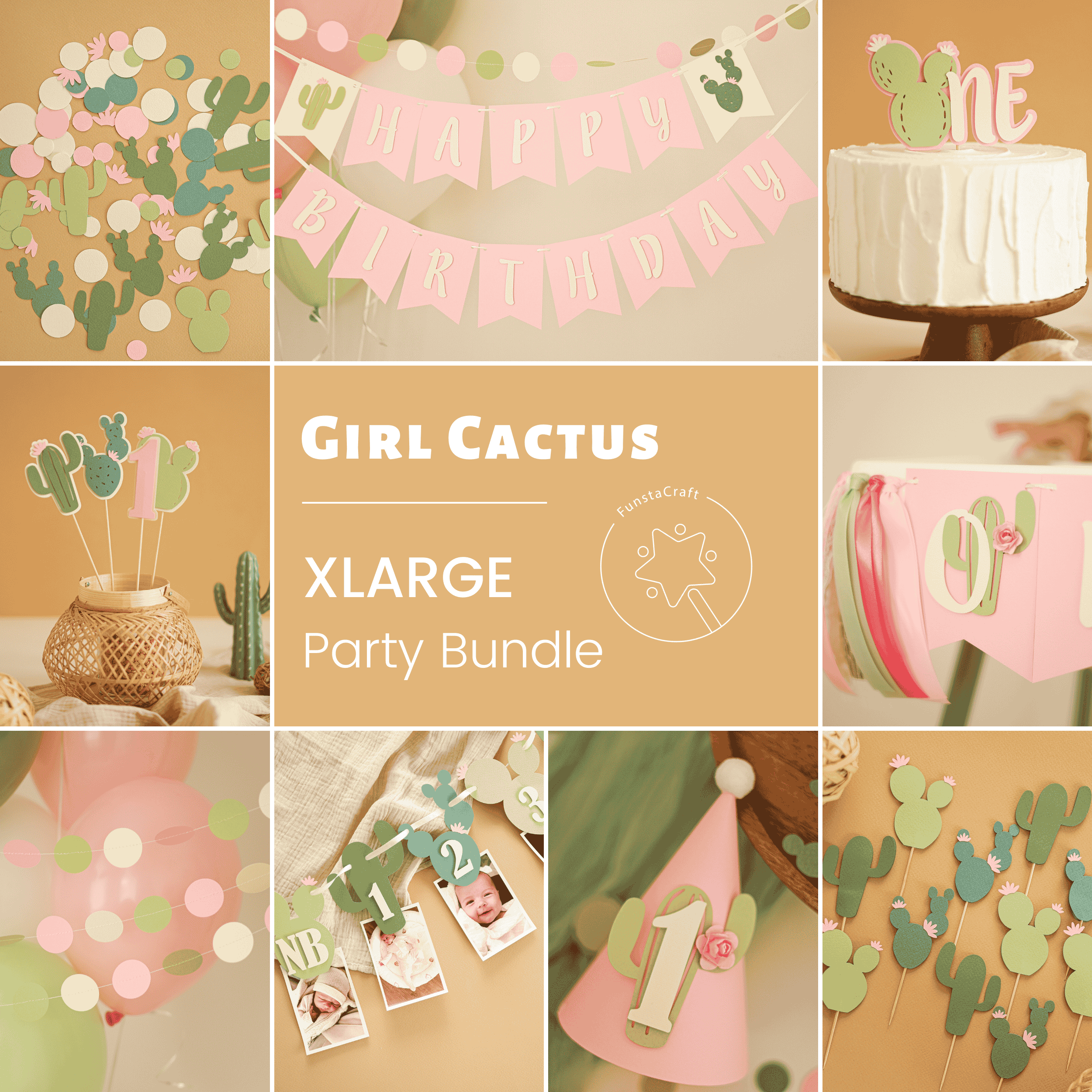 Pink Cactus First Birthday Bundle, One Prickly Pair Girl Birthday Decorations