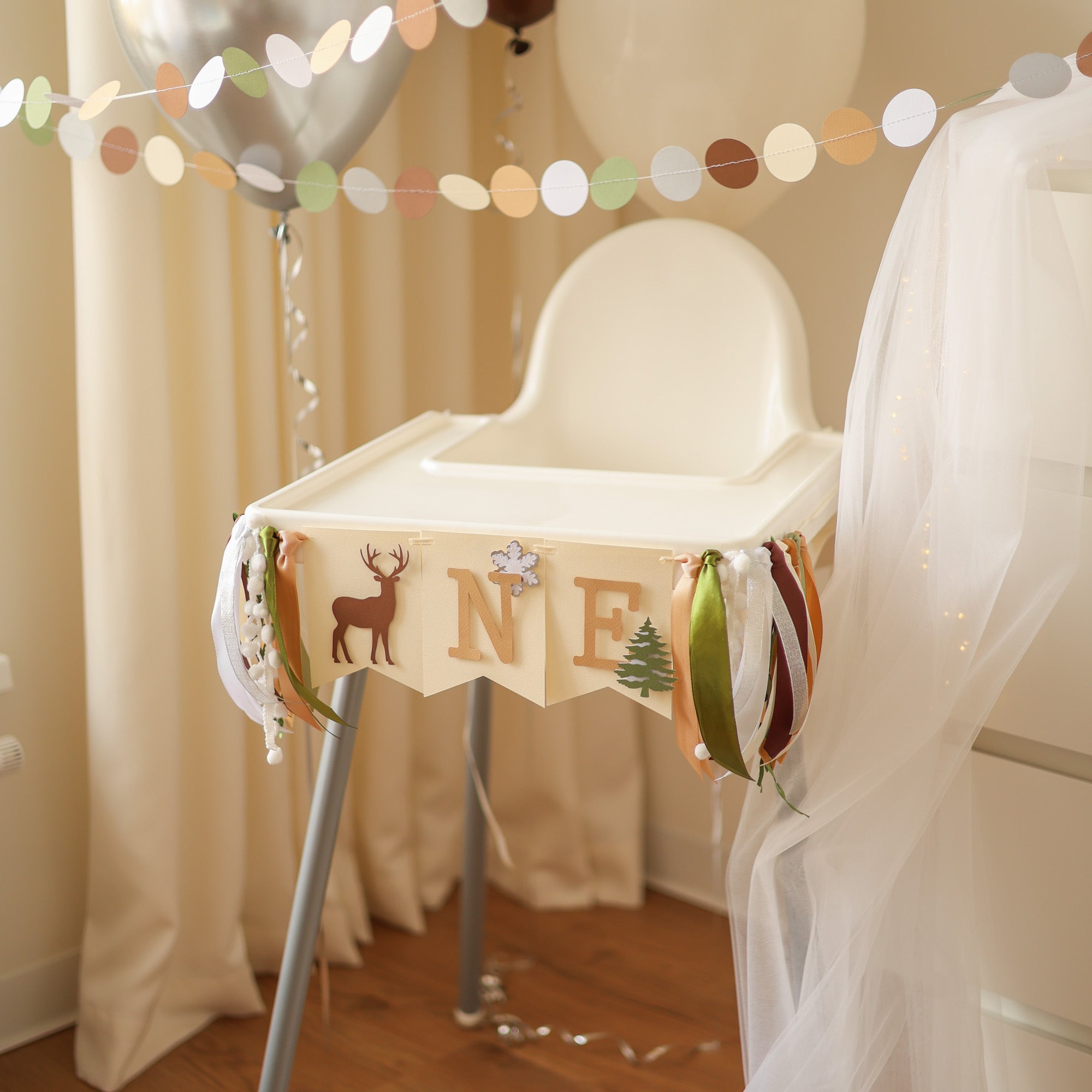 Winter deer highchair banner for 1st birthday cake smash