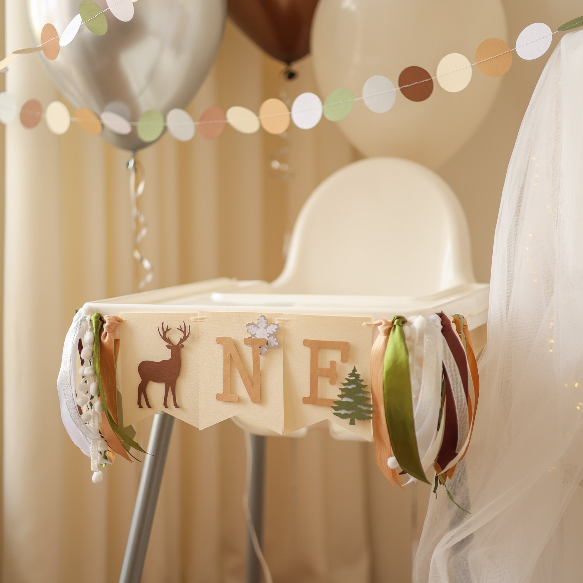 Winter deer highchair banner for 1st birthday cake smash.
