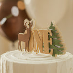 Wooden 'ONE' cake topper with deer and tree design 
