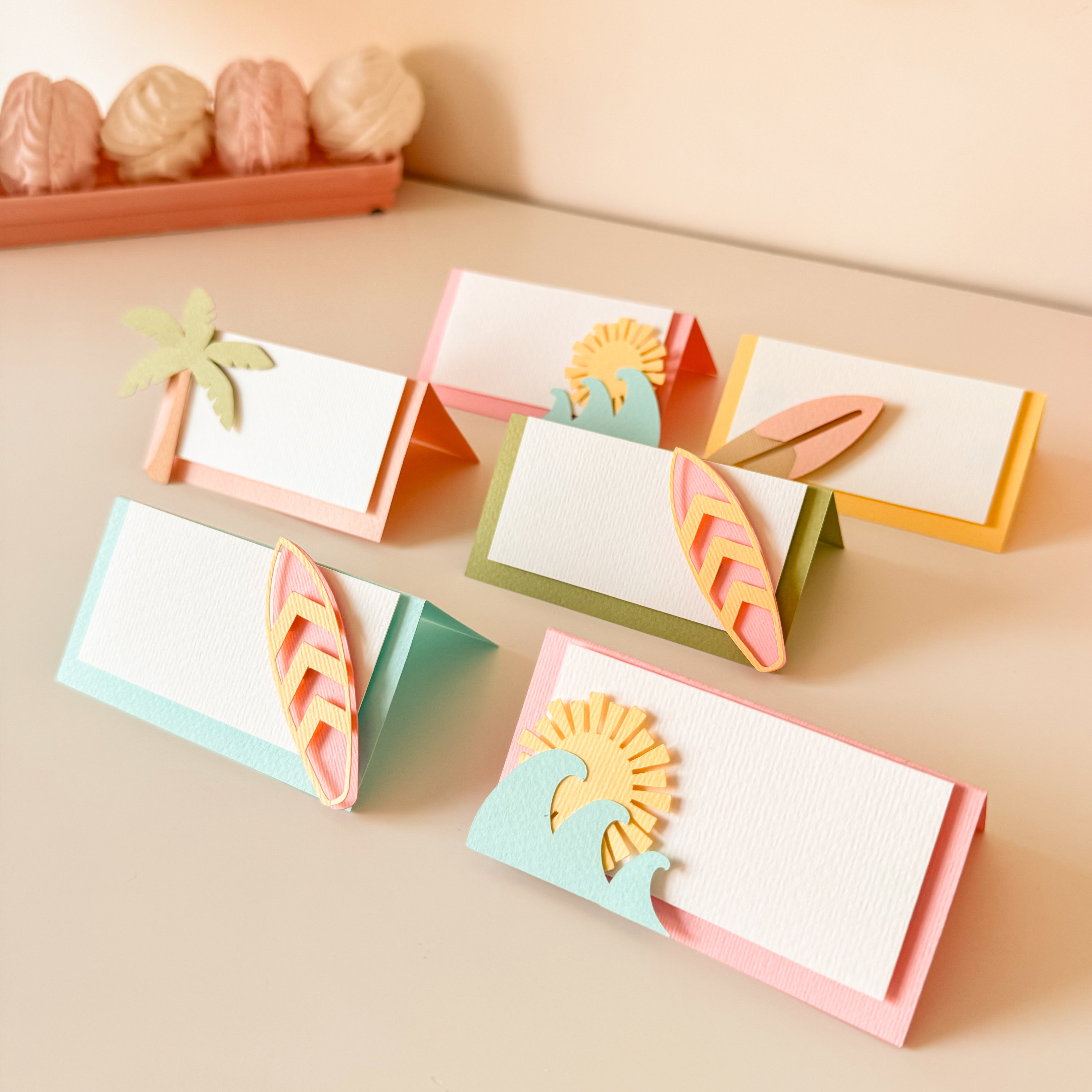 Surf Girl Food Tents The Big One Birthday Little Surfer Place Cards 